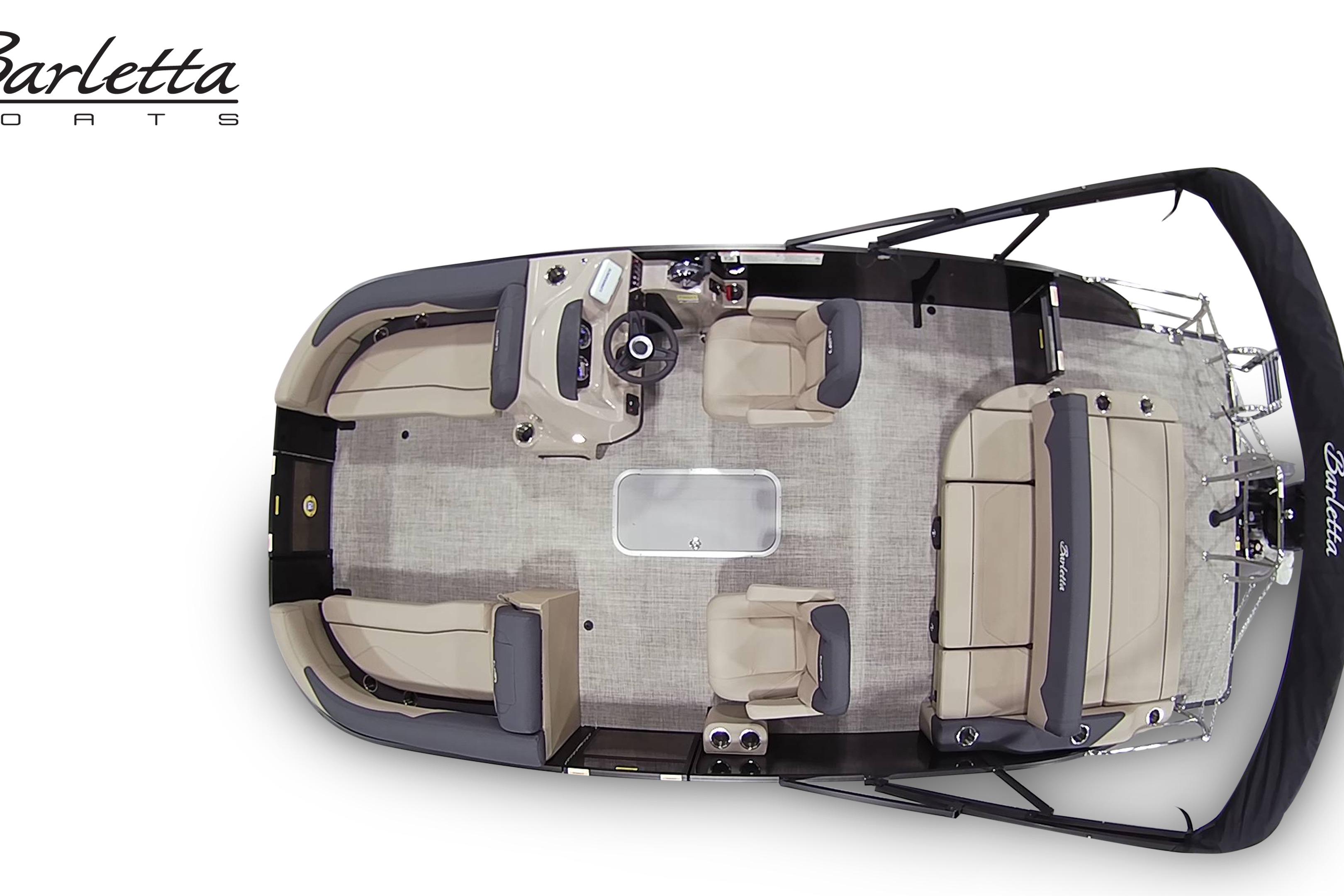 Top view of 2027 Barletta S22UC pontoon boat with beige seating and black accents.