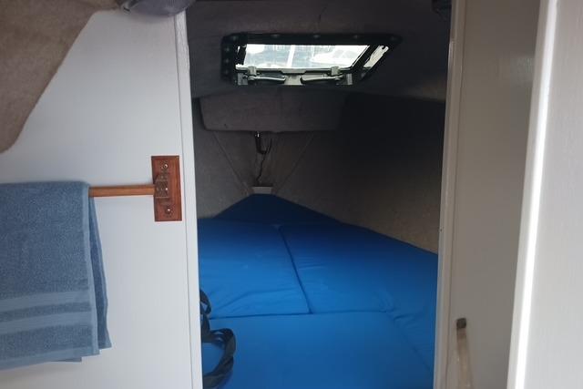 Interior cabin of 1989 O'Day 272 sailboat with blue bedding and window.