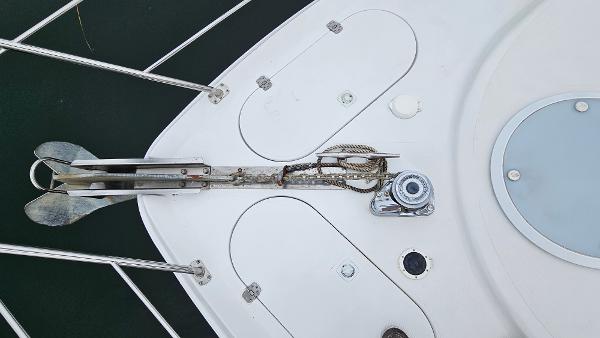 Anchor and deck of 2000 Carver 450 Voyager Pilothouse boat.