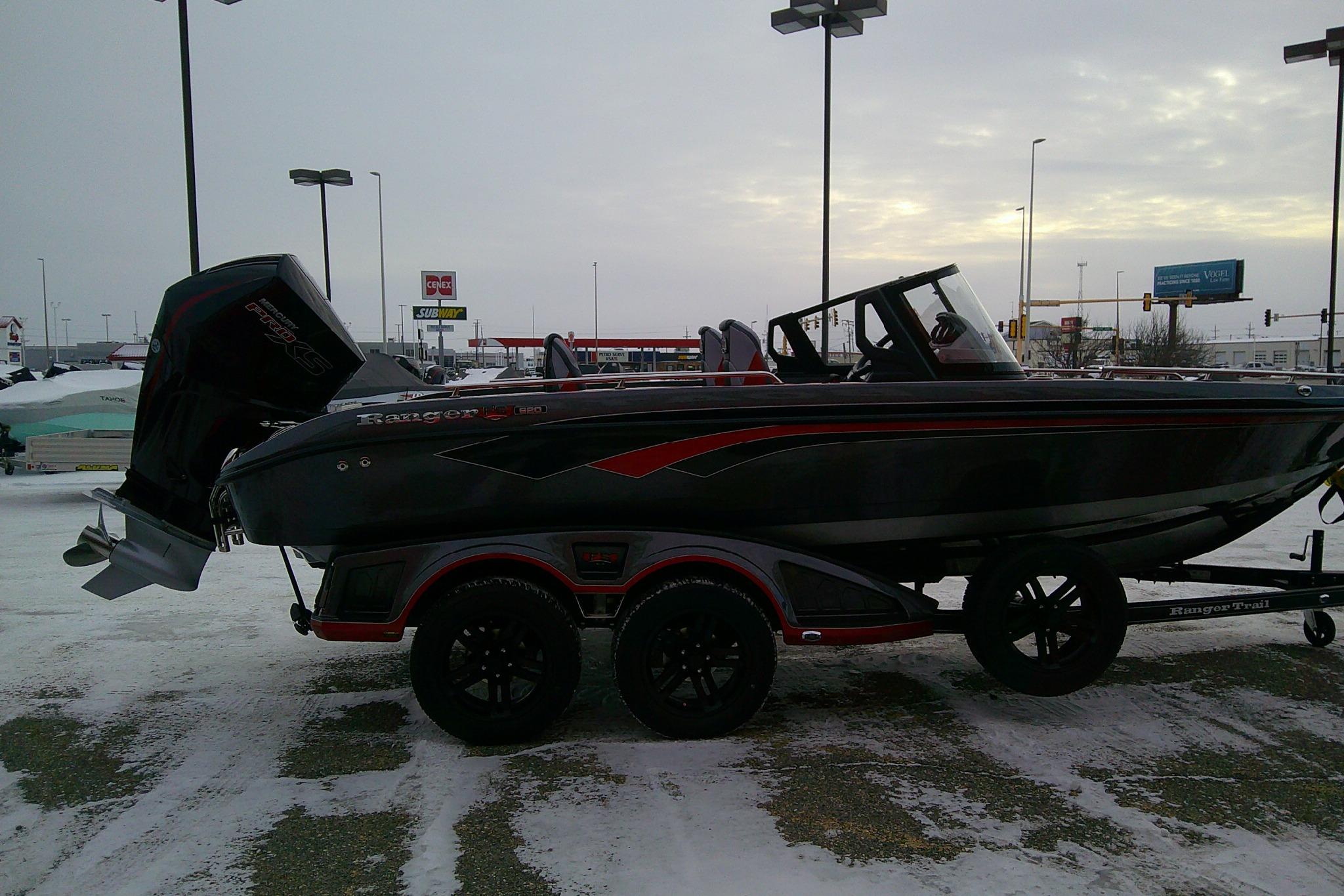 2026 Ranger 620FS Cup Equipped boat on trailer in snowy parking lot.