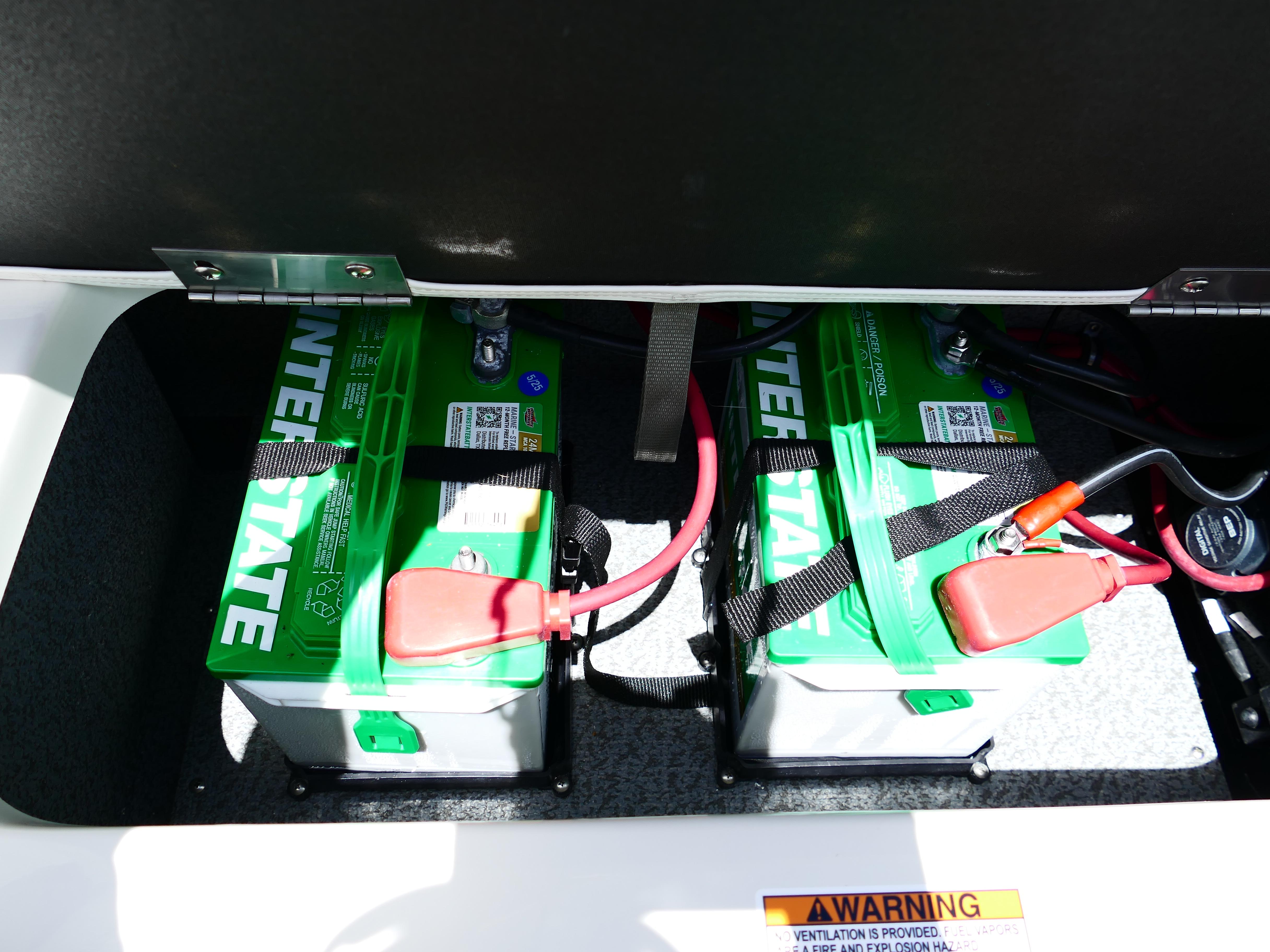 Two Interstate batteries in a 2026 Starcraft SVX 231 OB DH boat compartment.