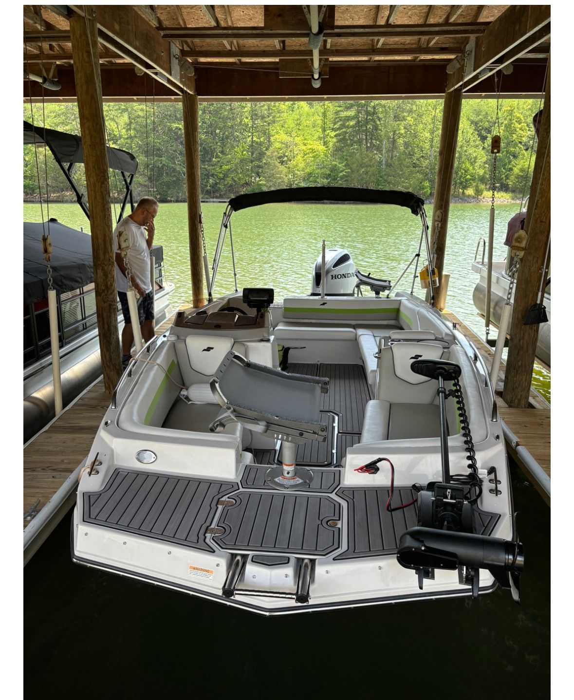 2023 Starcraft SVX 211 boat docked with green water view.