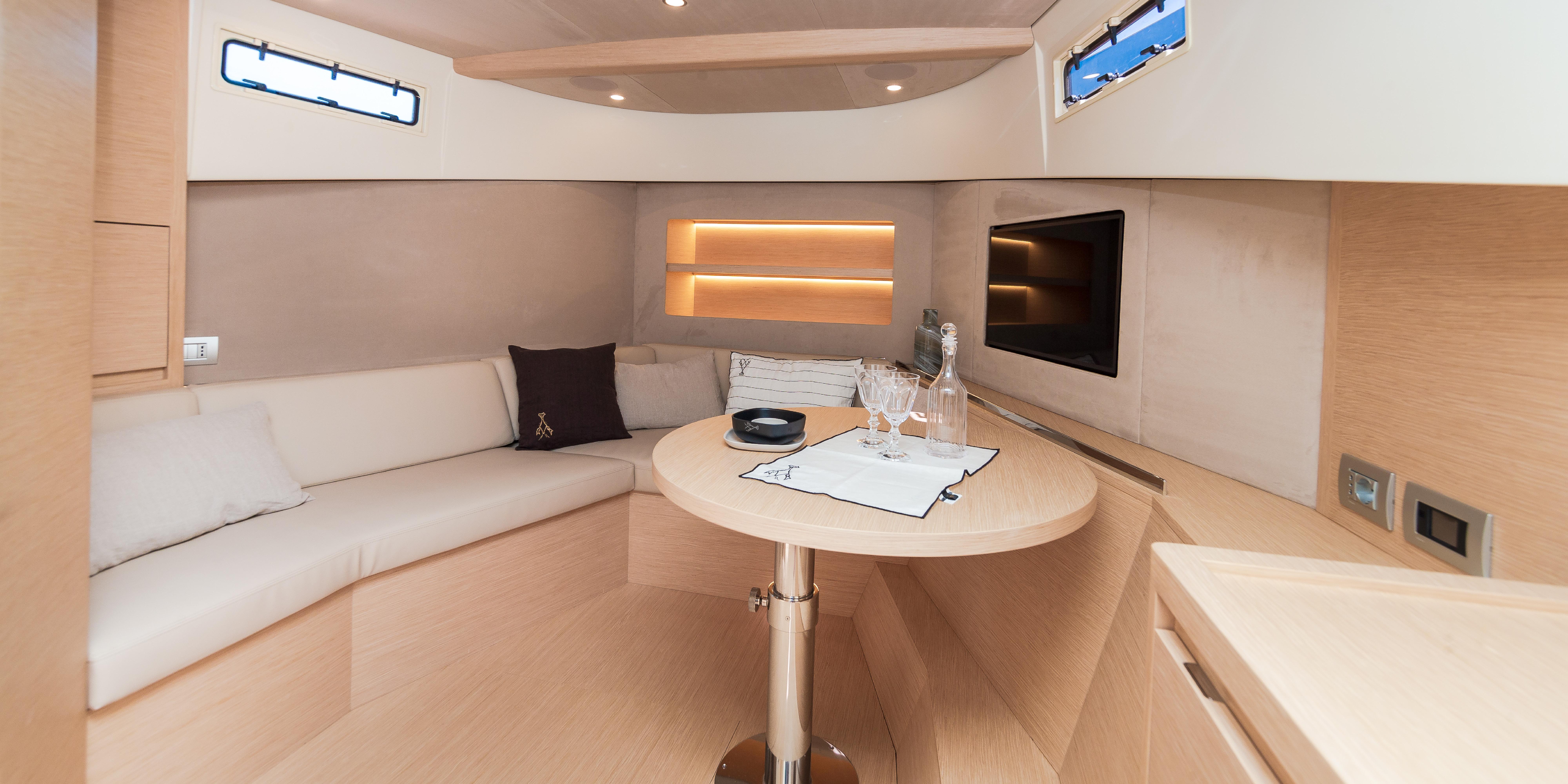 Luxurious interior of the 2025 Solaris Power 44 Open yacht with modern amenities.