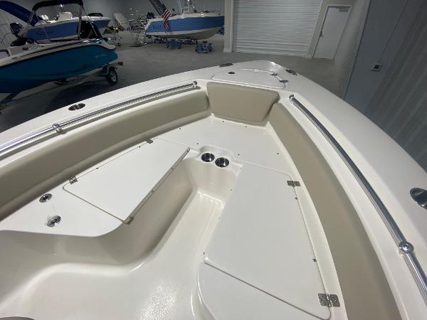2024 Key West 219 FS boat interior, spacious seating and storage compartments.