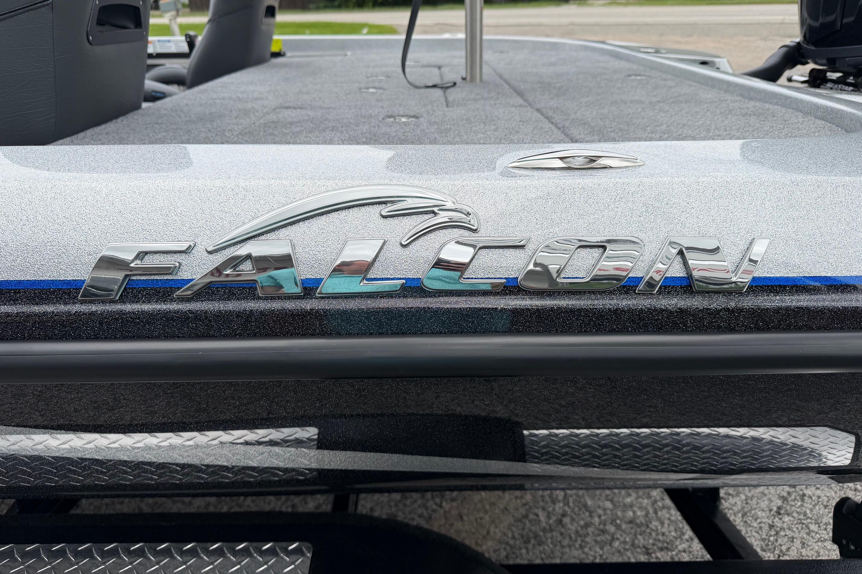 2027 Falcon F20 PREDATOR boat logo on sleek metallic surface.