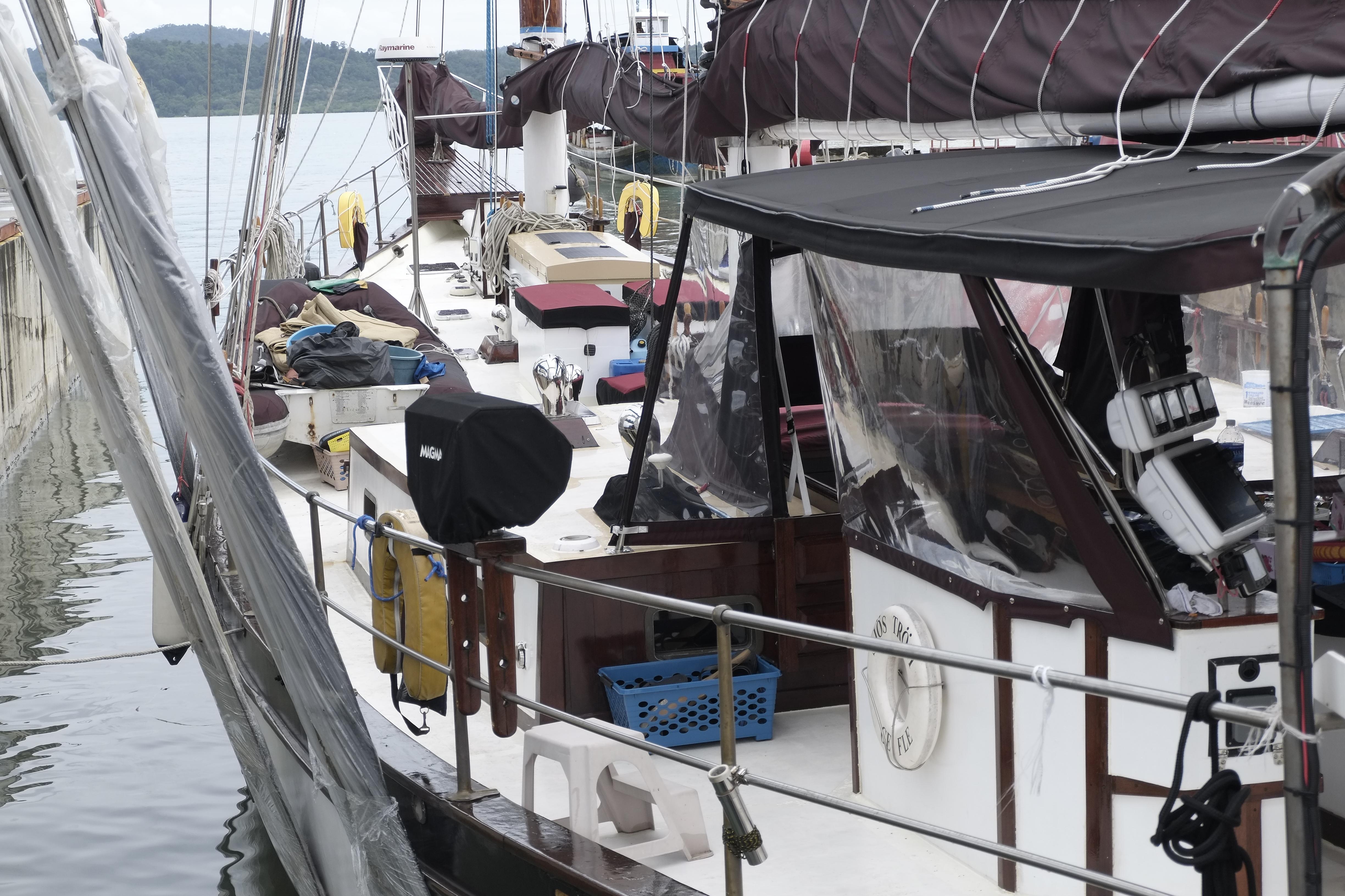 Custom Bud Macintosh schooner, 2006, docked with visible deck and equipment.