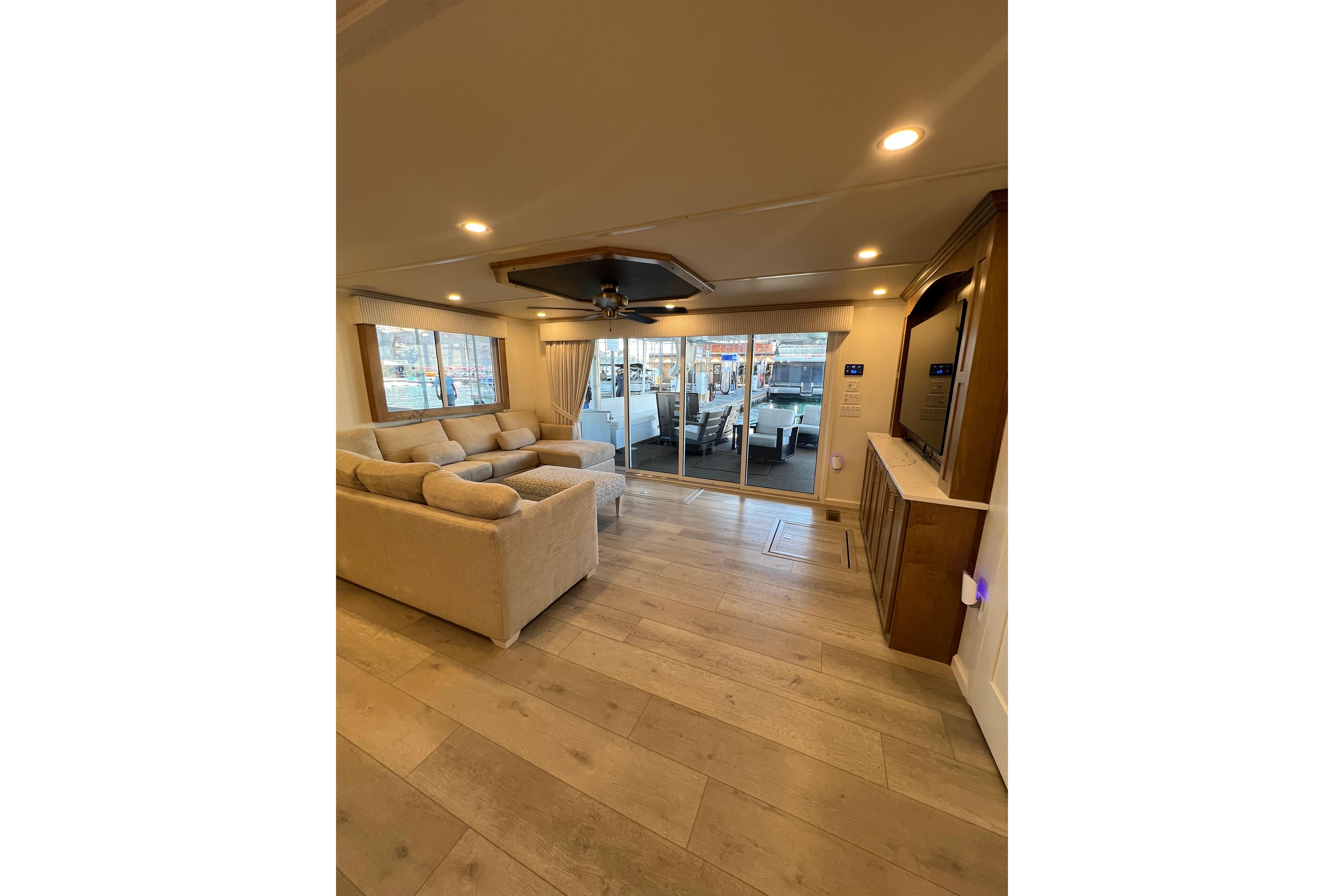 Luxurious interior of 2025 Sumerset Excellence Multiple Shares houseboat with modern furnishings.
