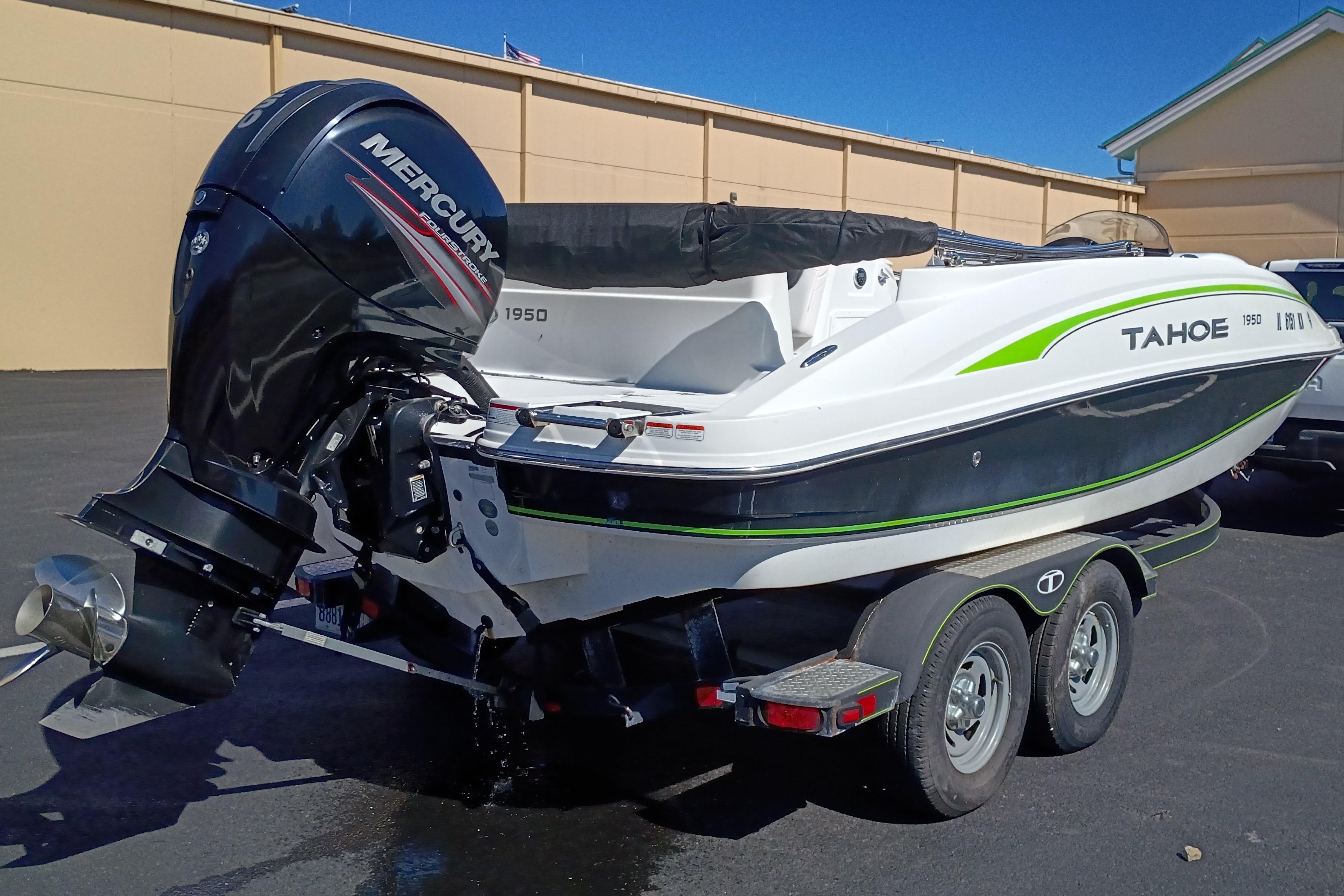 2017 Tahoe 1950 boat with Mercury outboard engine on trailer.