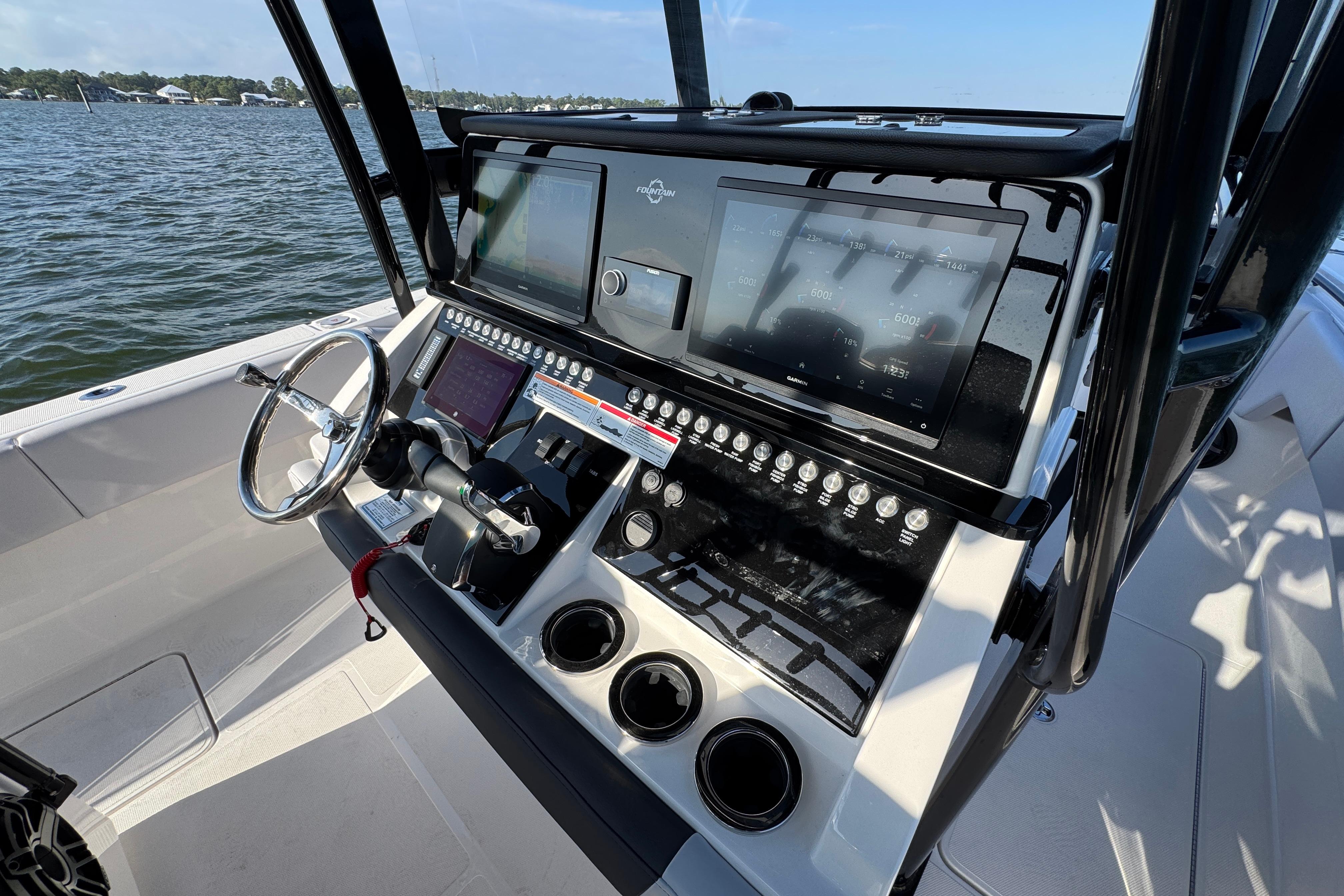 Helm of 2026 Fountain 34 Tournament Edition boat with advanced navigation controls.