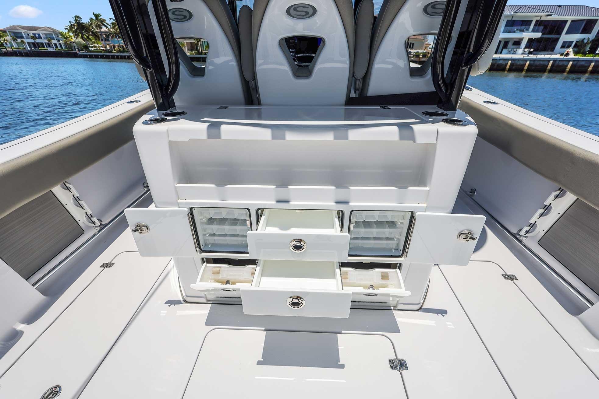2024 Sportsman Open 352 Center Console boat interior with open storage compartments.