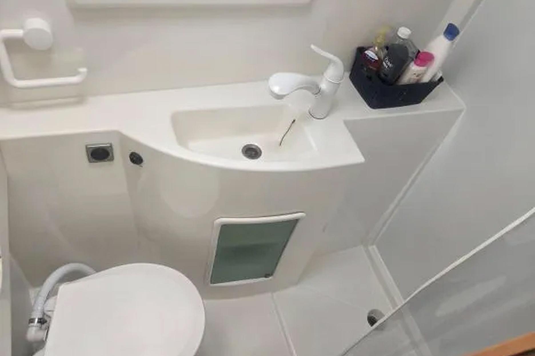 Bathroom interior of 2008 Fountaine Pajot Salina 48 catamaran, featuring compact sink and toilet.