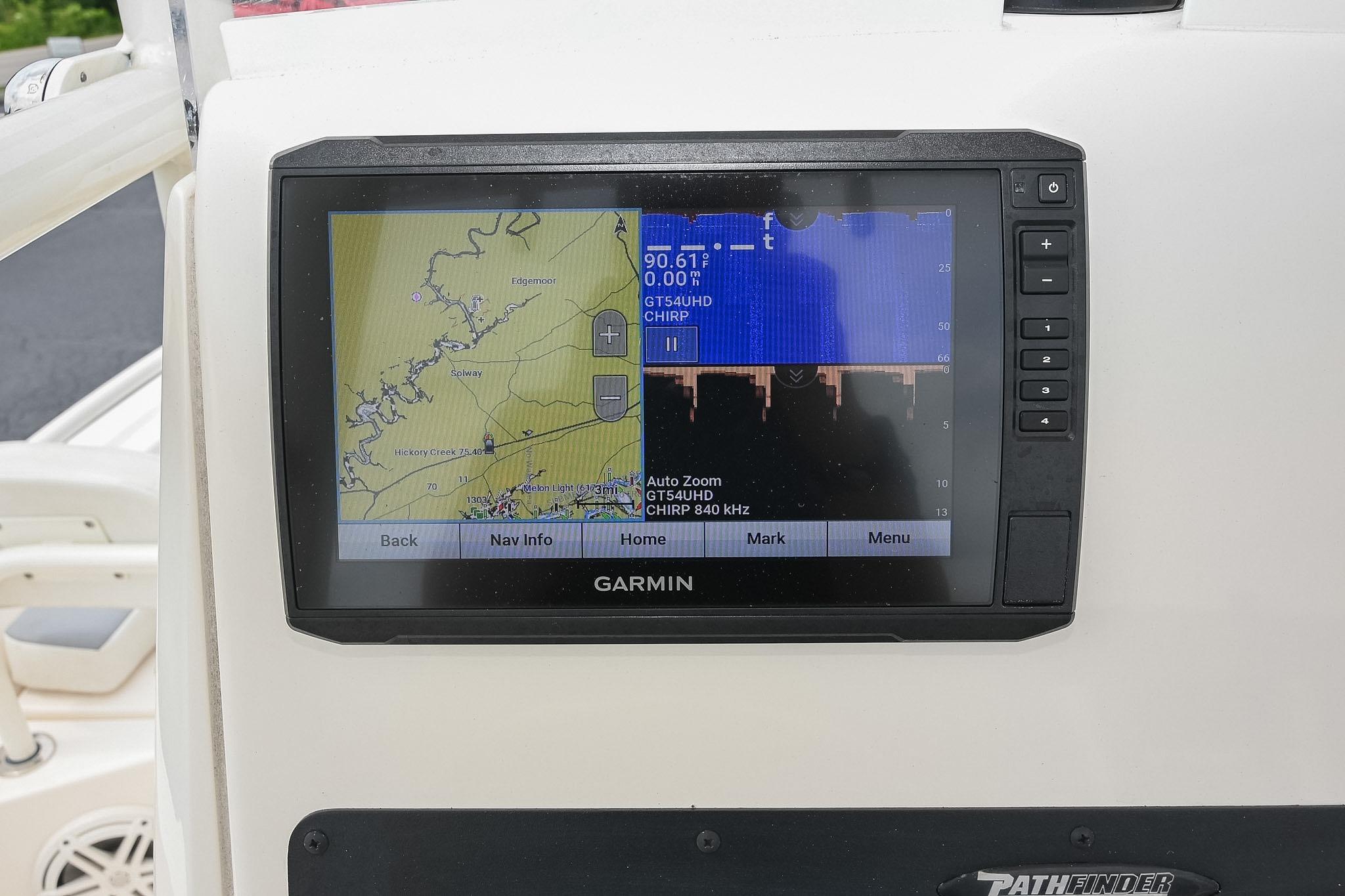 Garmin navigation display on 2021 Pathfinder 2200 TRS boat dashboard.