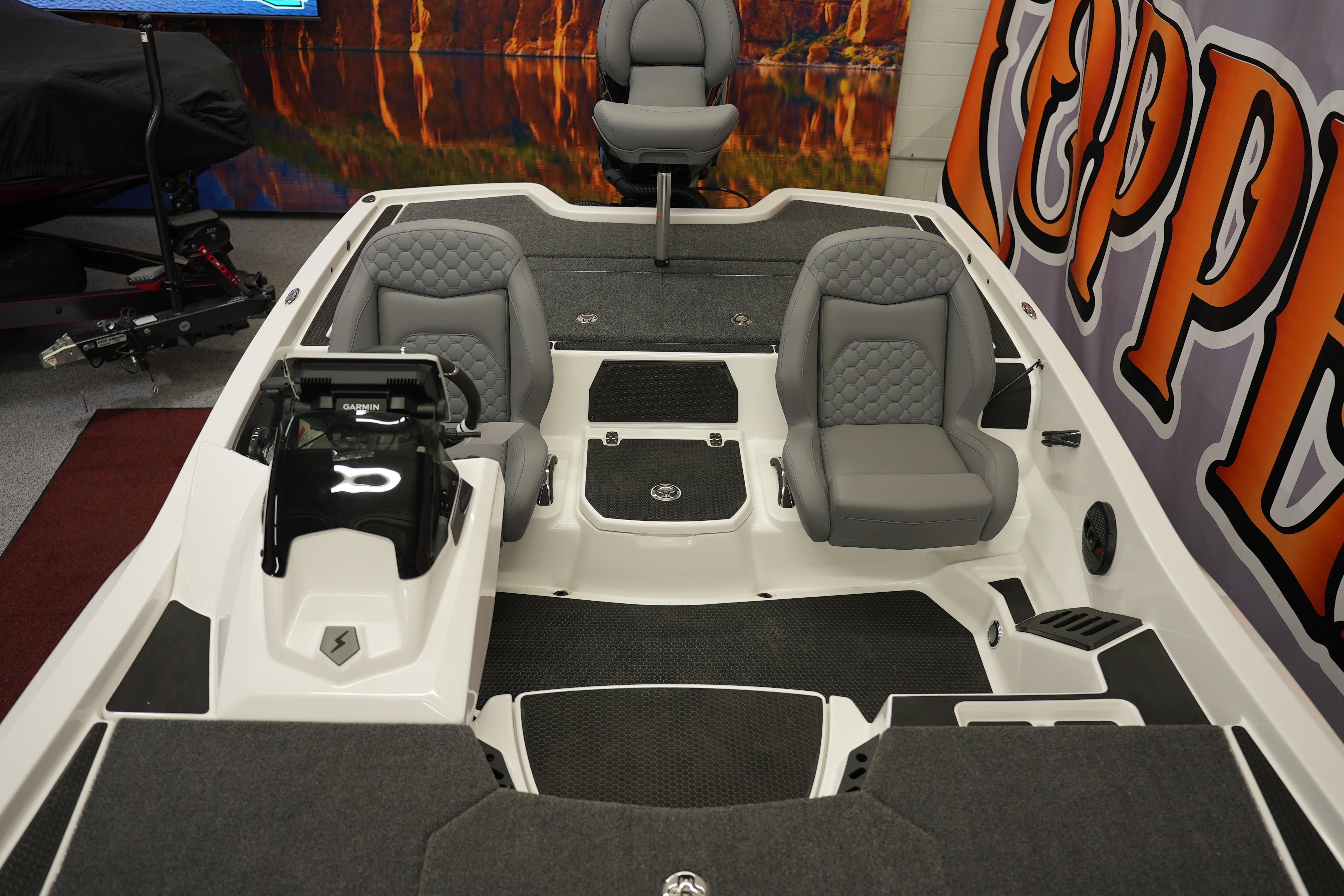 2026 iKon VLE21 boat interior with gray seating and modern dashboard.