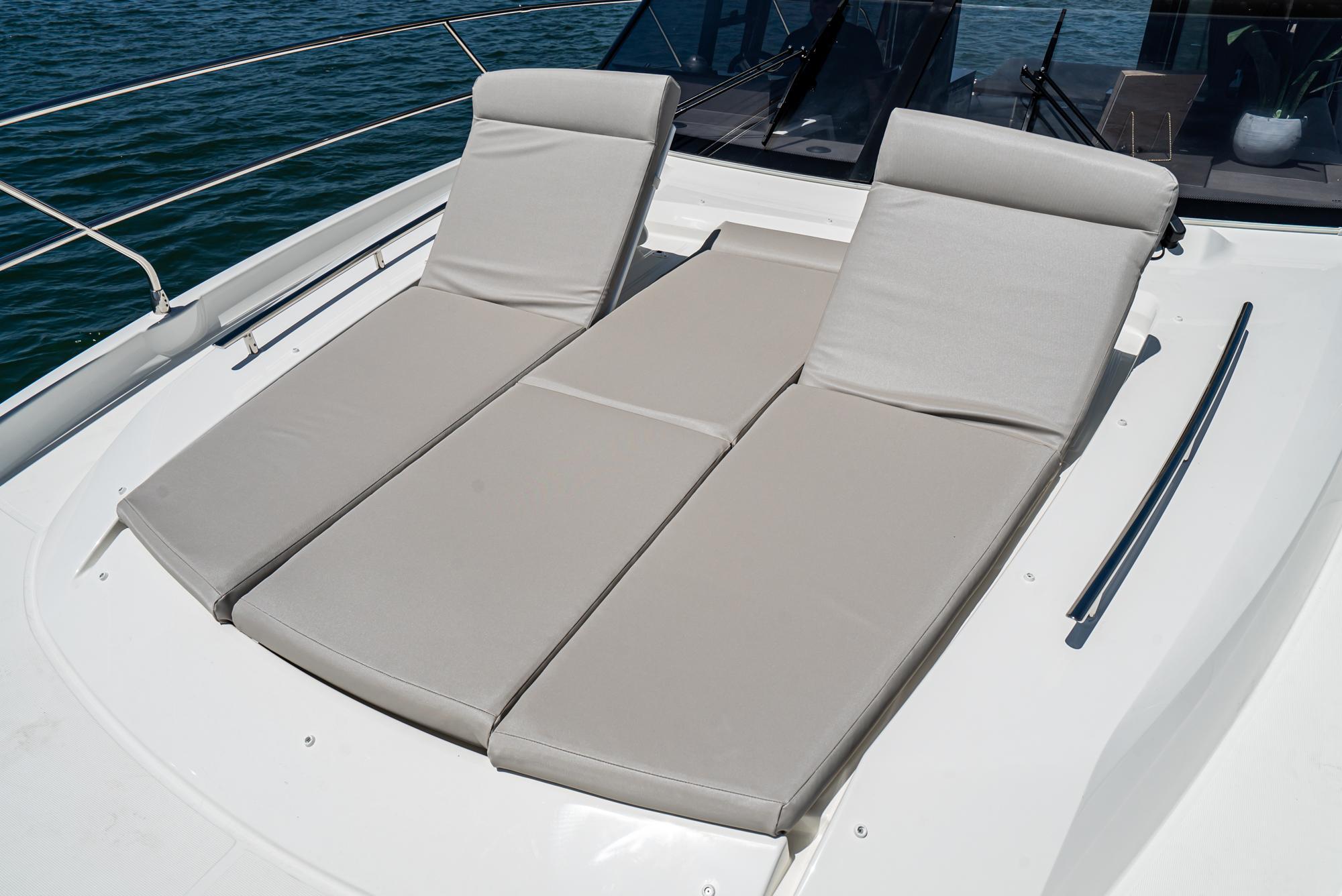 Sun loungers on a 2021 Prestige 420 yacht.