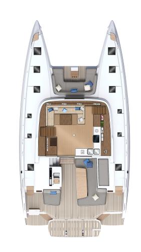 2025 Lagoon 55 catamaran interior layout, featuring spacious living and dining areas.