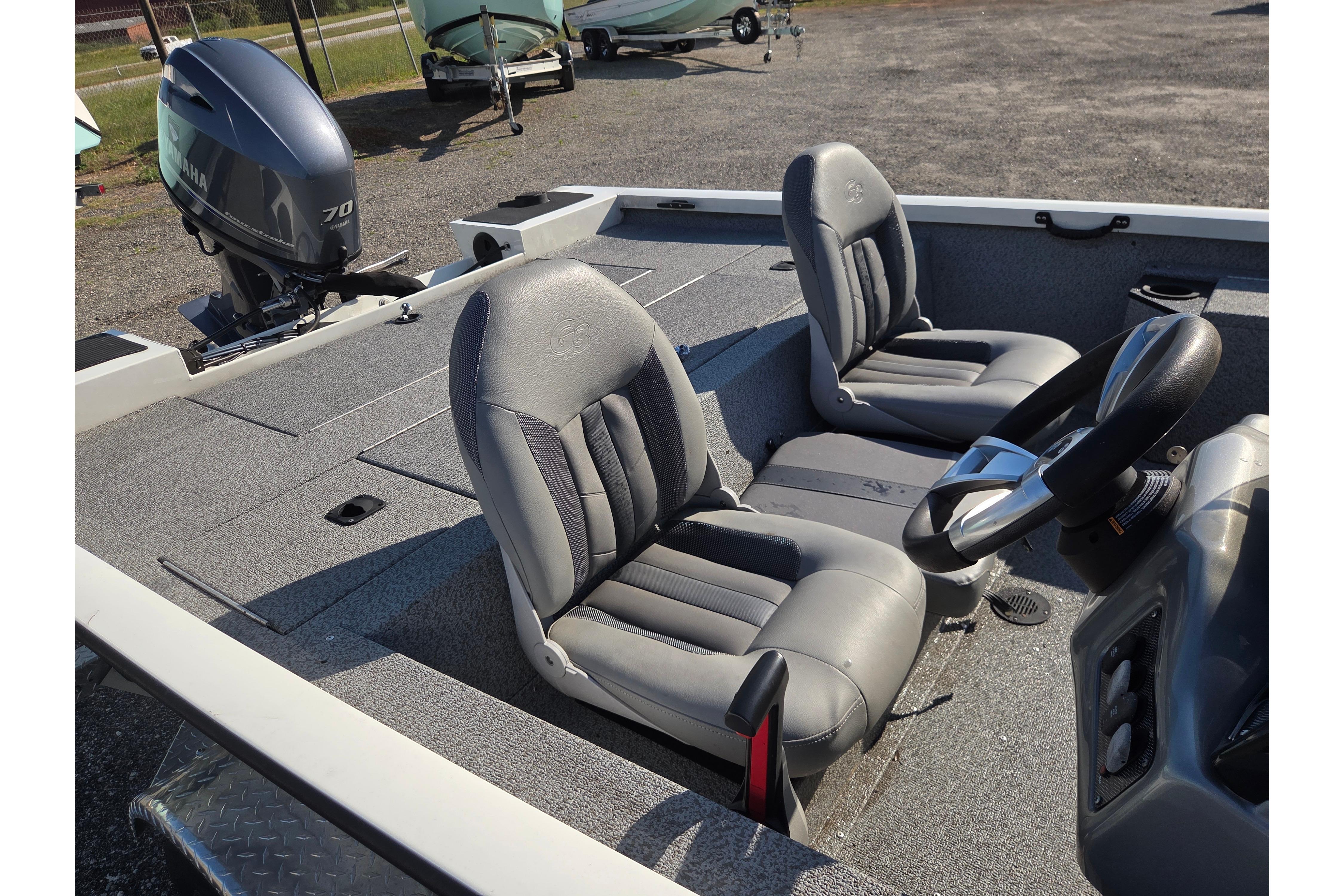 2022 G3 Sportsman 1610 boat interior with steering wheel and Yamaha 70 engine.