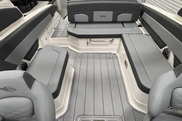 2026 Chaparral SSX 8 boat interior with sleek gray seating and modern design.