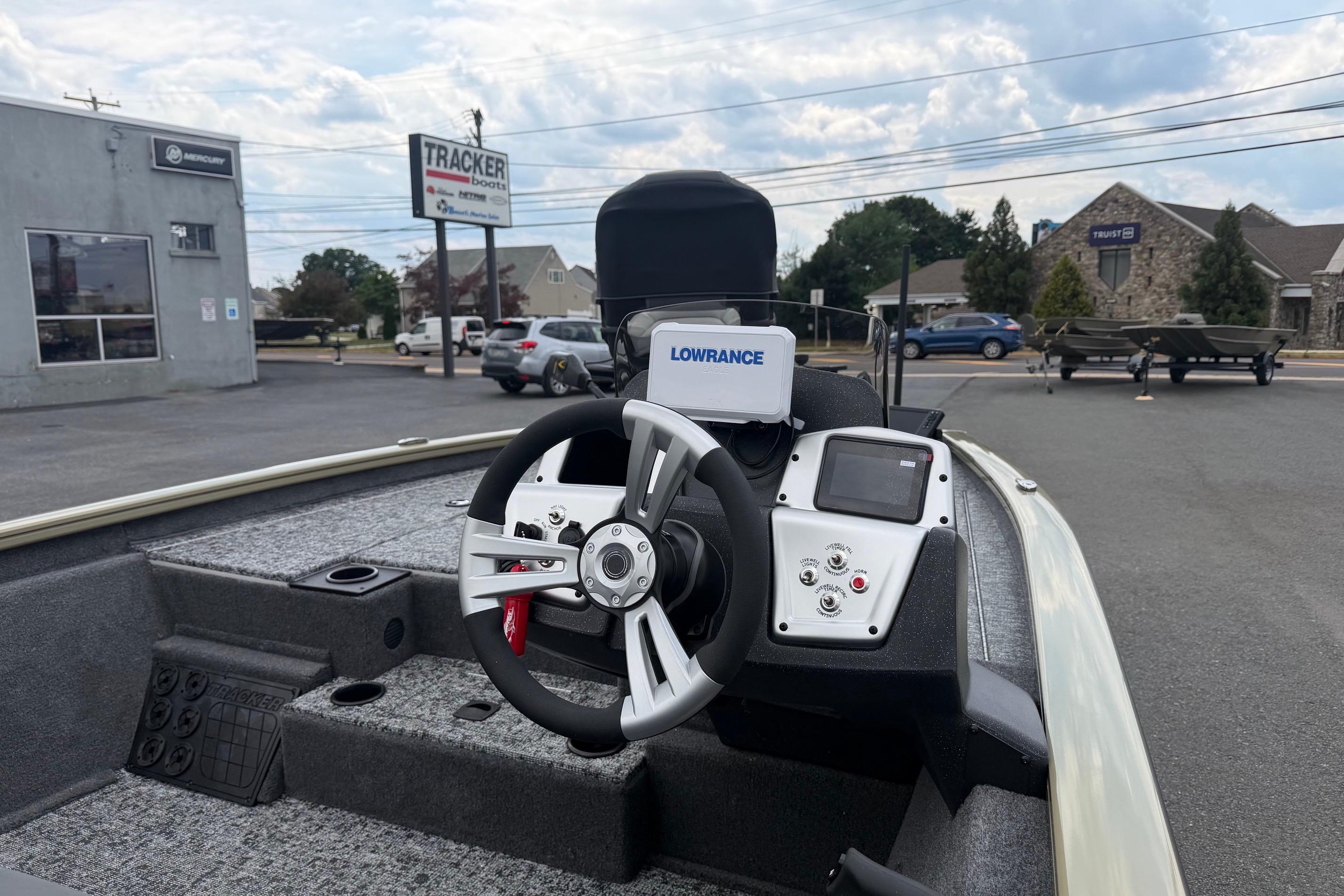 2026 Tracker Pro Team 195 boat dashboard with Lowrance navigation system.