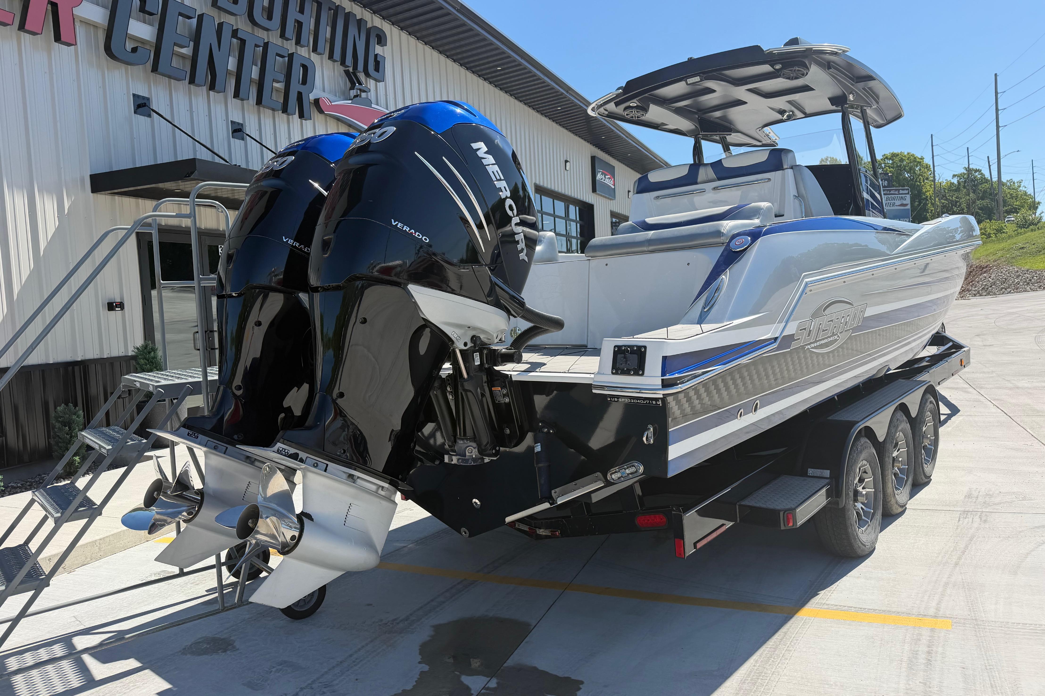 2018 Sunsation 32 CCX boat with dual Mercury Verado engines on a trailer.