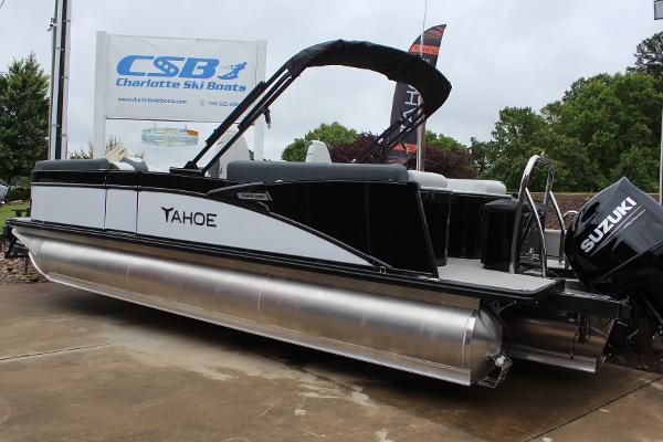 2025 Tahoe Pontoon Cascade Quad Lounger with Suzuki engine at Charlotte Ski Boats dealership.