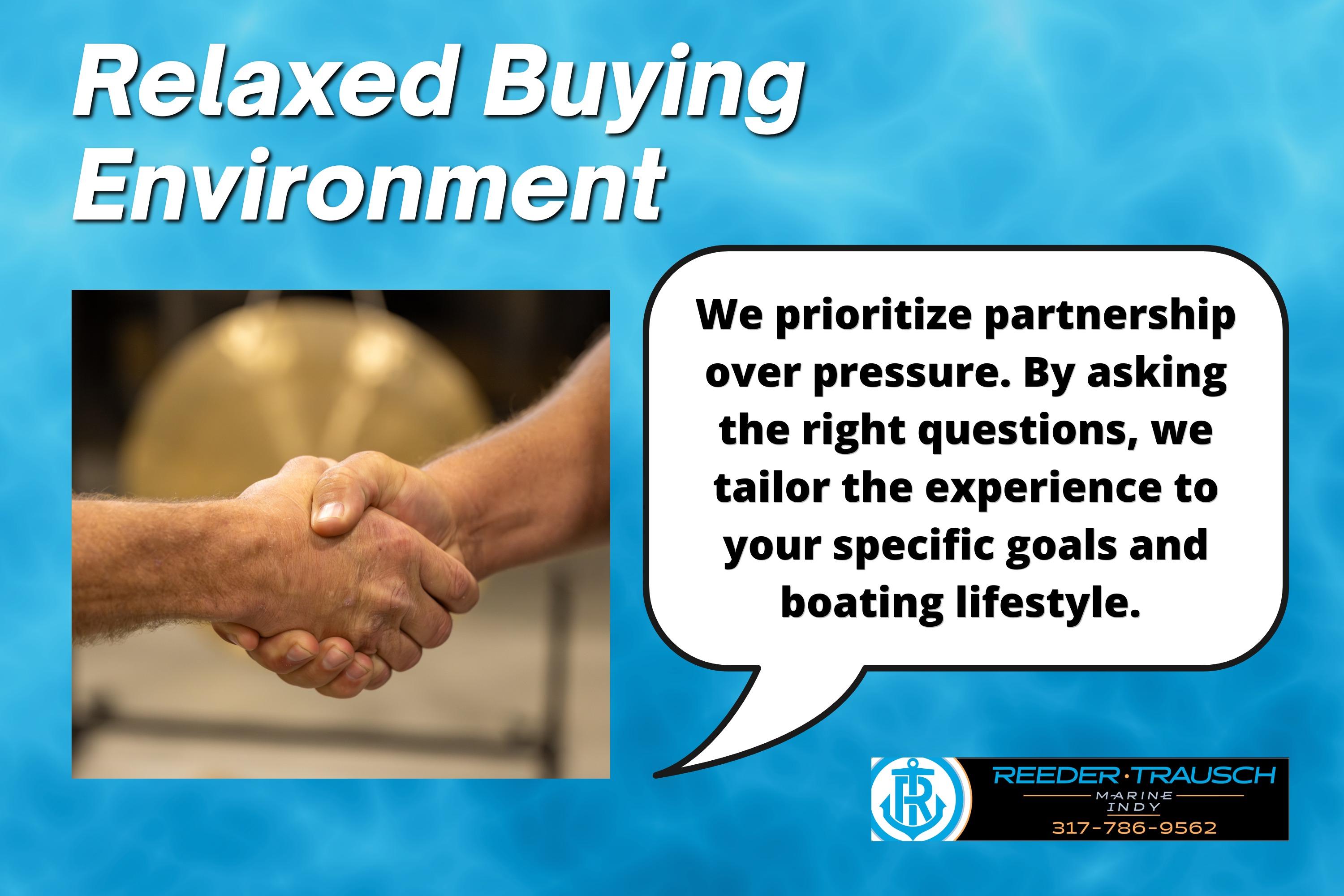 Handshake with text promoting a relaxed buying environment for Lund 1775 Impact XS SS, 2026 model.