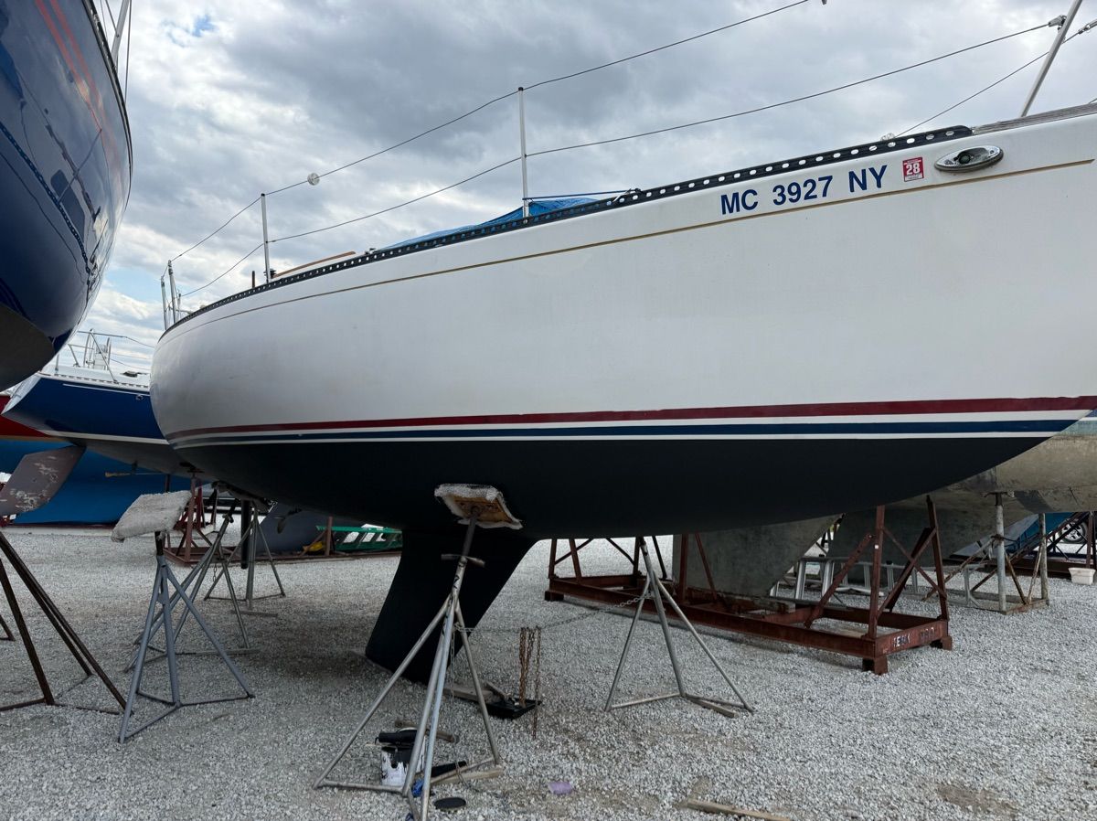 A 1974 Morgan 33T sailboat is on a dry dock, surrounded by other boats.