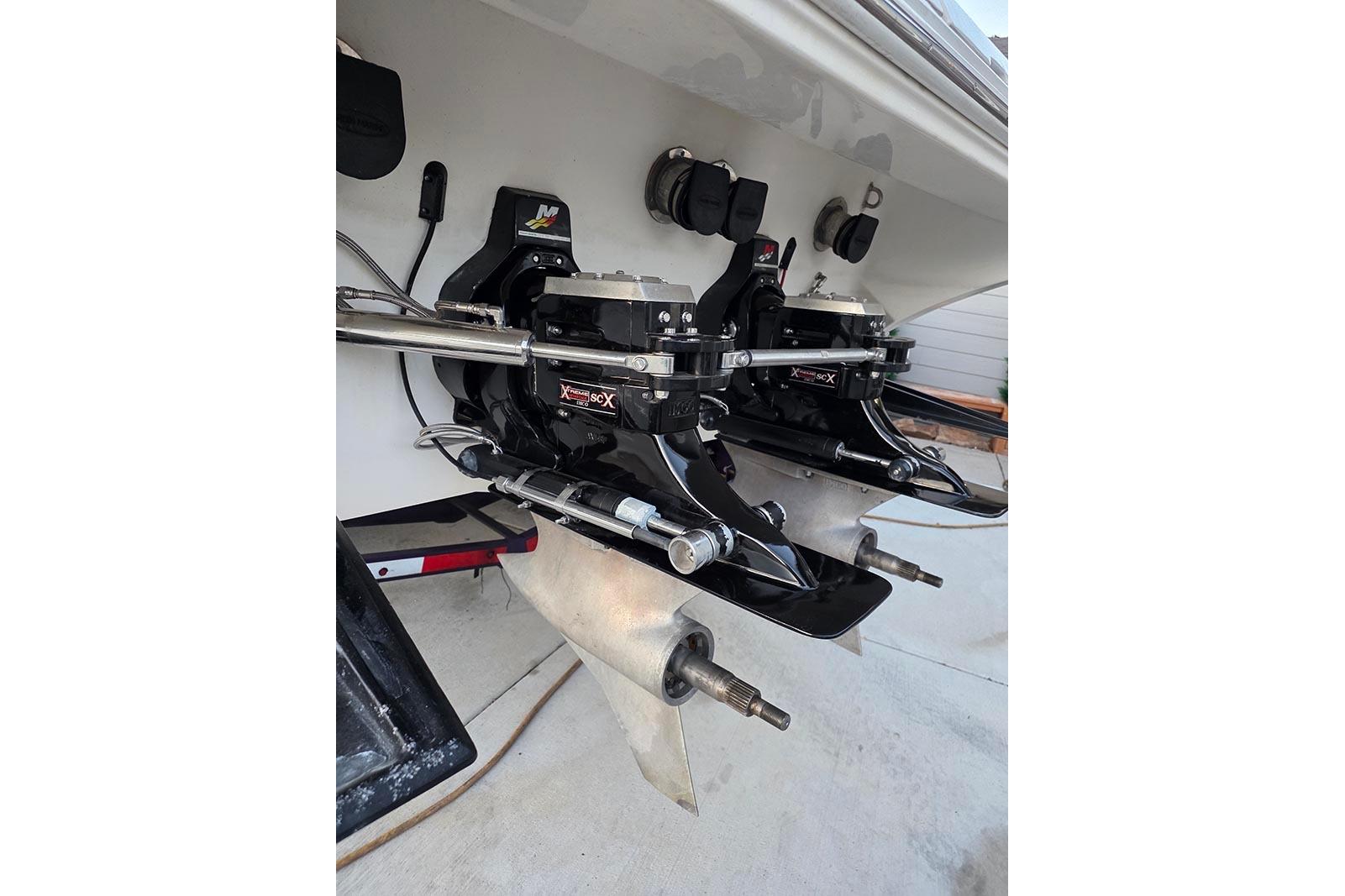 2004 Fountain 38 Lightning boat stern with dual outboard motors and propeller shafts.