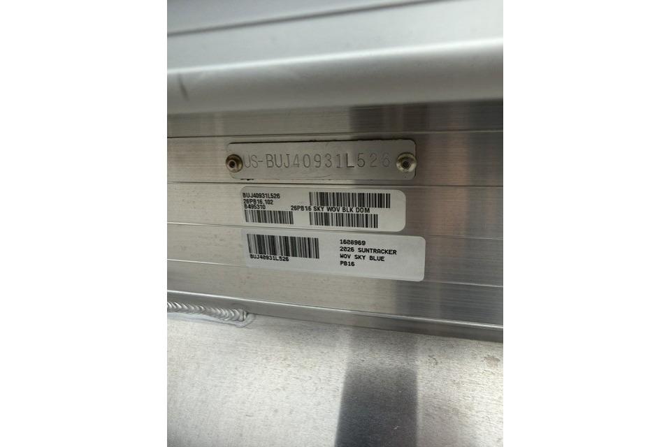 2026 Sun Tracker Party Barge 16 DLX identification plate with serial numbers and labels.