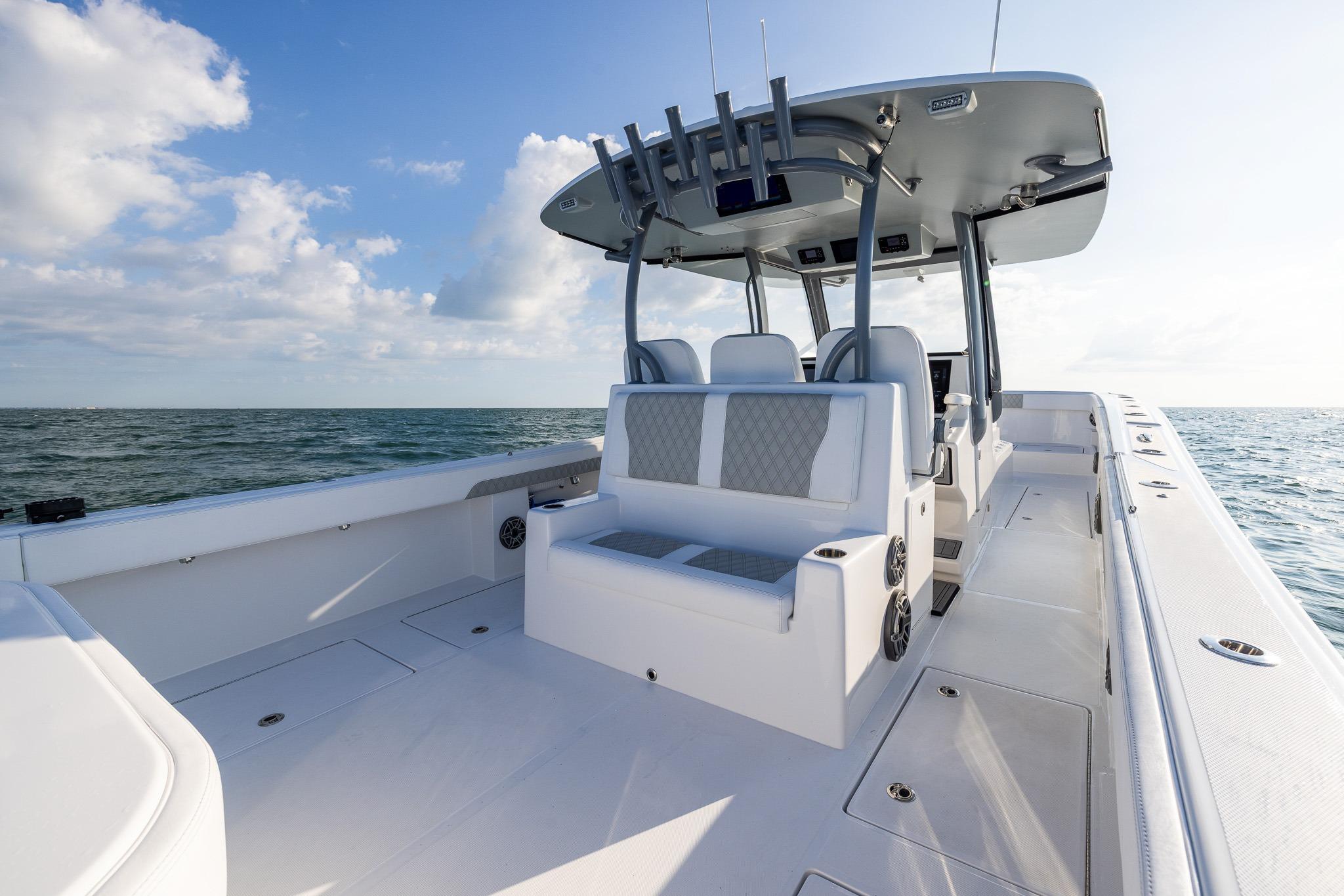 Front Runner 37 Catamaran 2026 on open water, showcasing sleek design and spacious deck.
