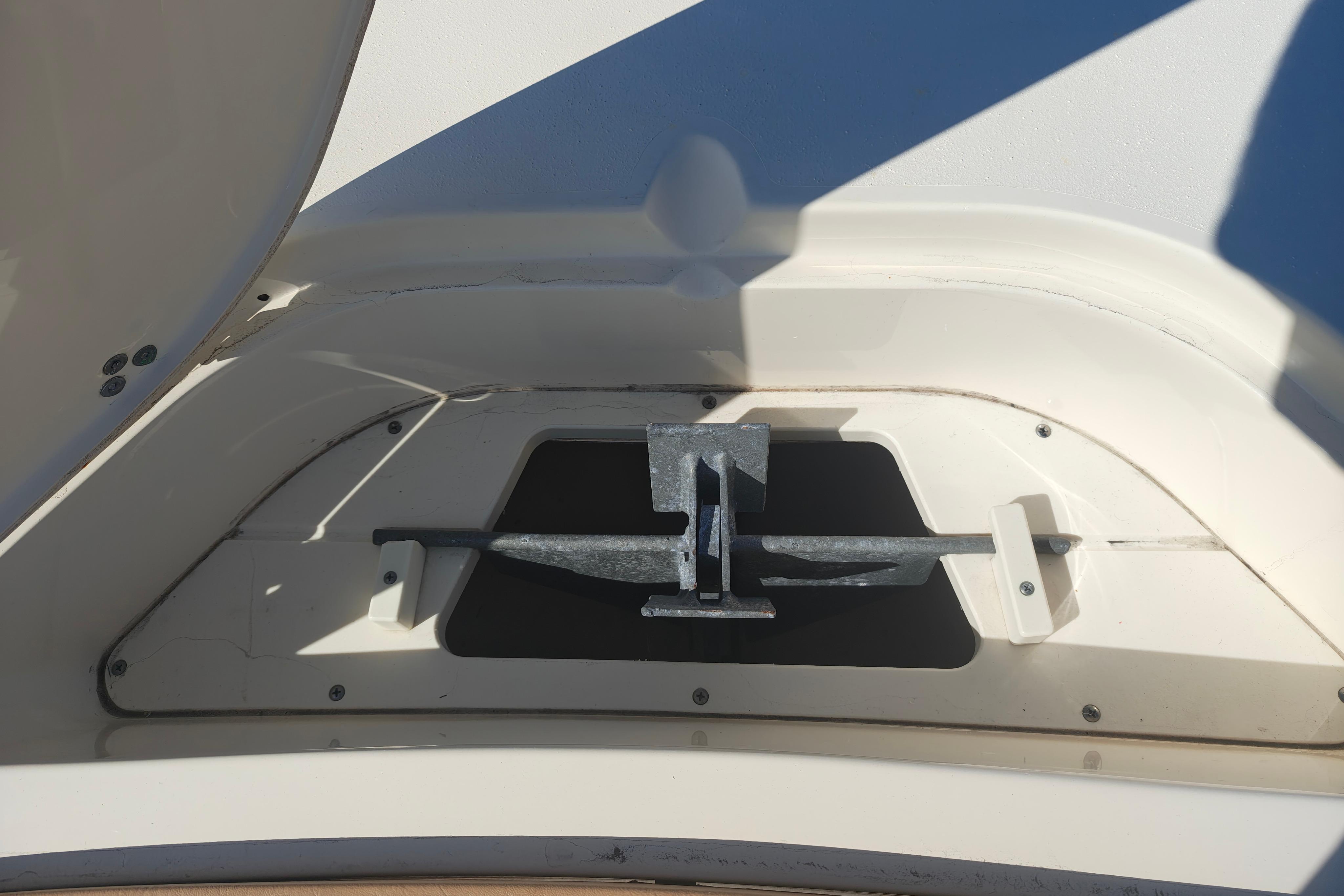 Anchor storage compartment on a 2020 Scout 215 XSF boat.