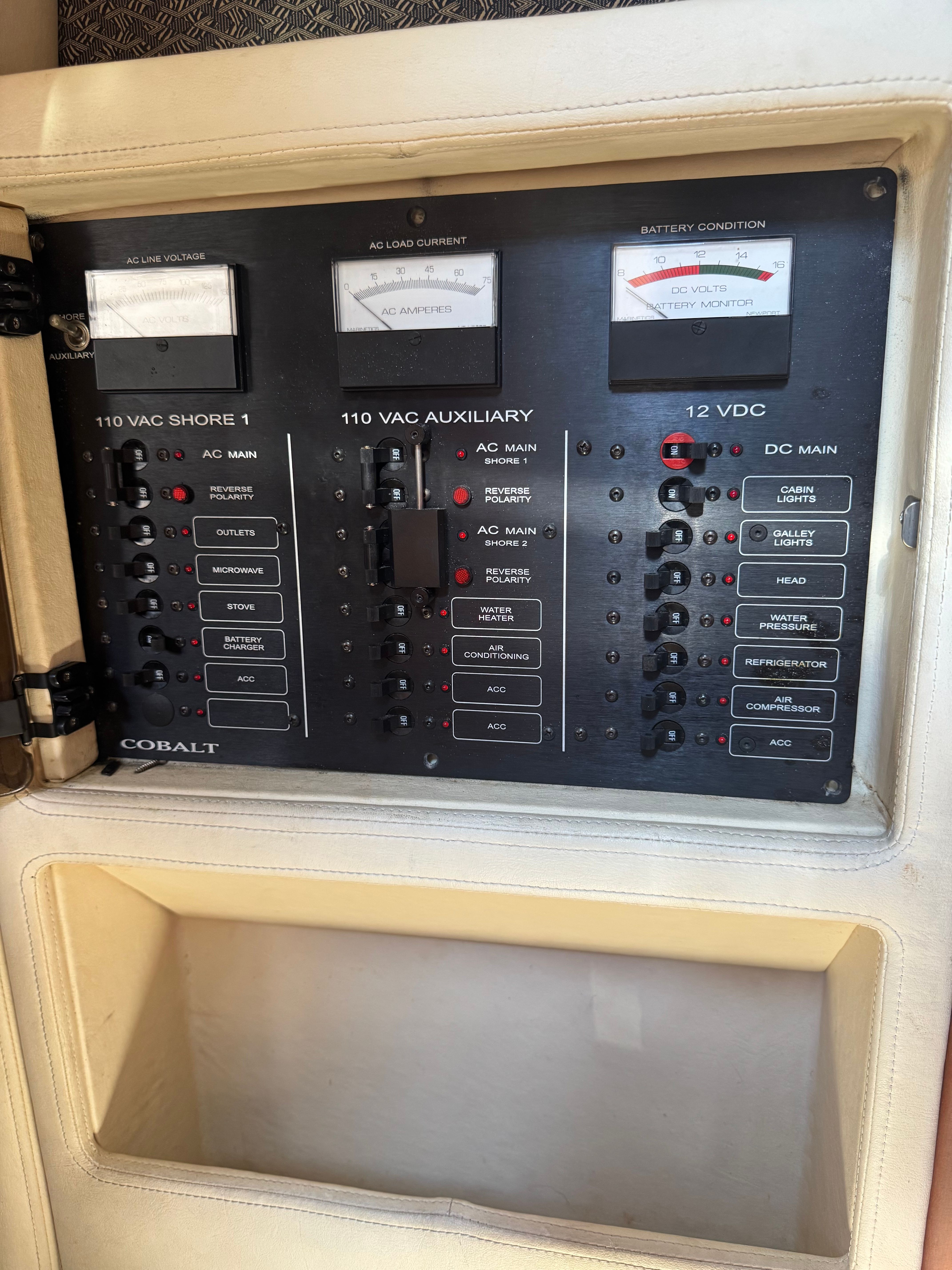 Electrical panel on a 2003 Cobalt 360 boat.