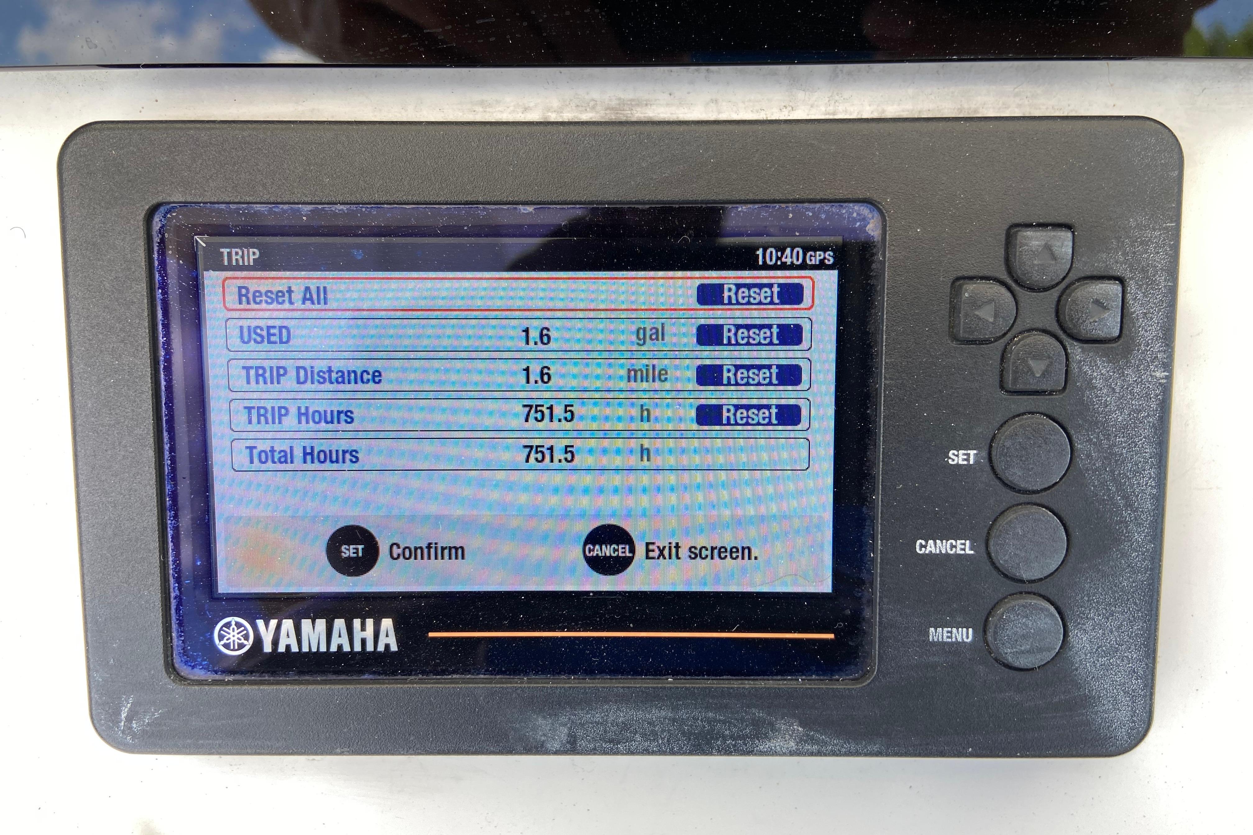 Yamaha display showing trip data on a 2021 Regulator 28 boat.
