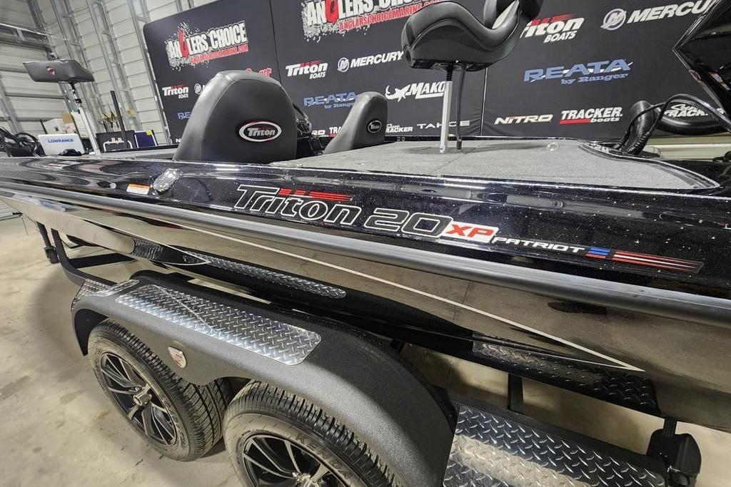 2026 Triton 20XP Patriot boat in showroom, featuring sleek design and branding.