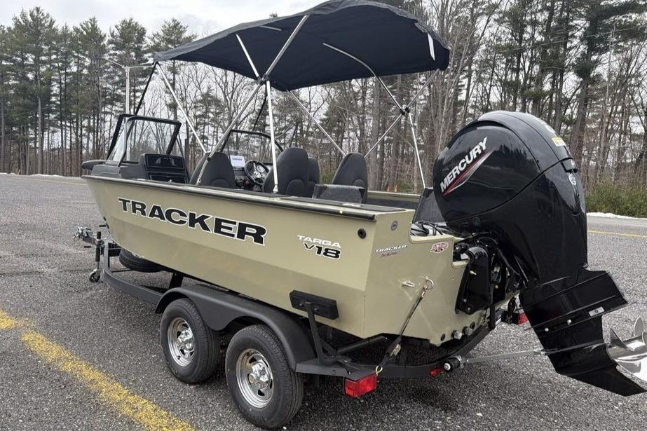 2026 Tracker Targa V-18 Combo boat with Mercury engine on trailer.