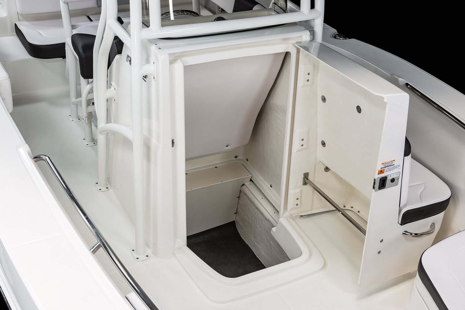 Manufacturer Provided Image: 2025 Robalo R202 Explorer boat interior with open storage compartment.