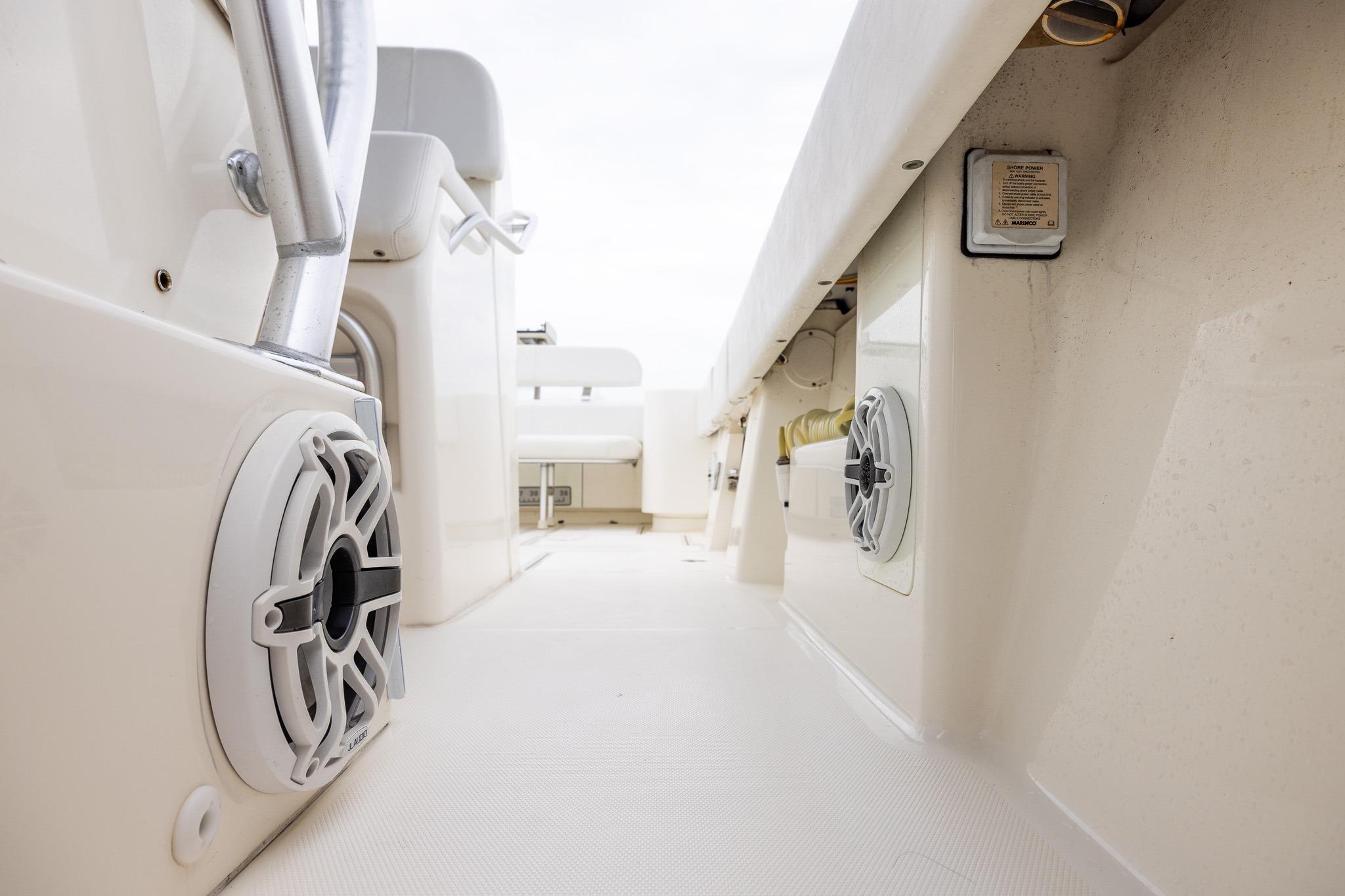 2019 SeaVee 322Z boat interior with speakers and seating, showcasing modern design features.