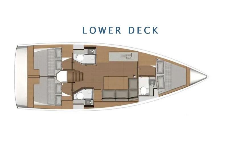 Lower deck layout of 2020 Dufour 390 sailboat, featuring cabins and living areas.