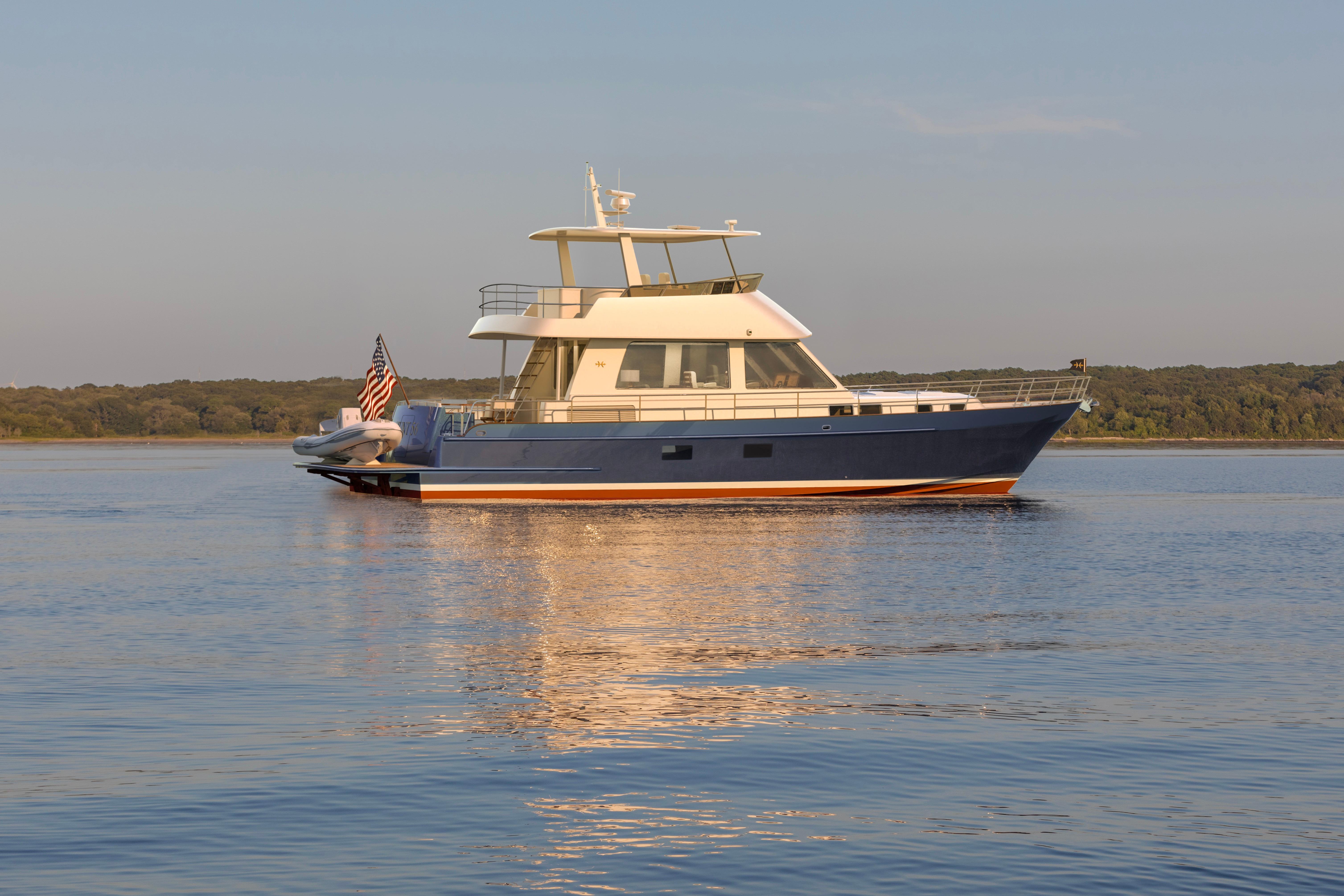 2027 Hunt Yachts 56 Ocean Flybridge on serene water, showcasing elegant design.