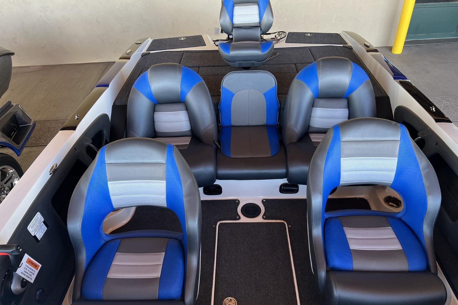 2025 Ranger 212LS boat interior with blue and gray seating arrangement.