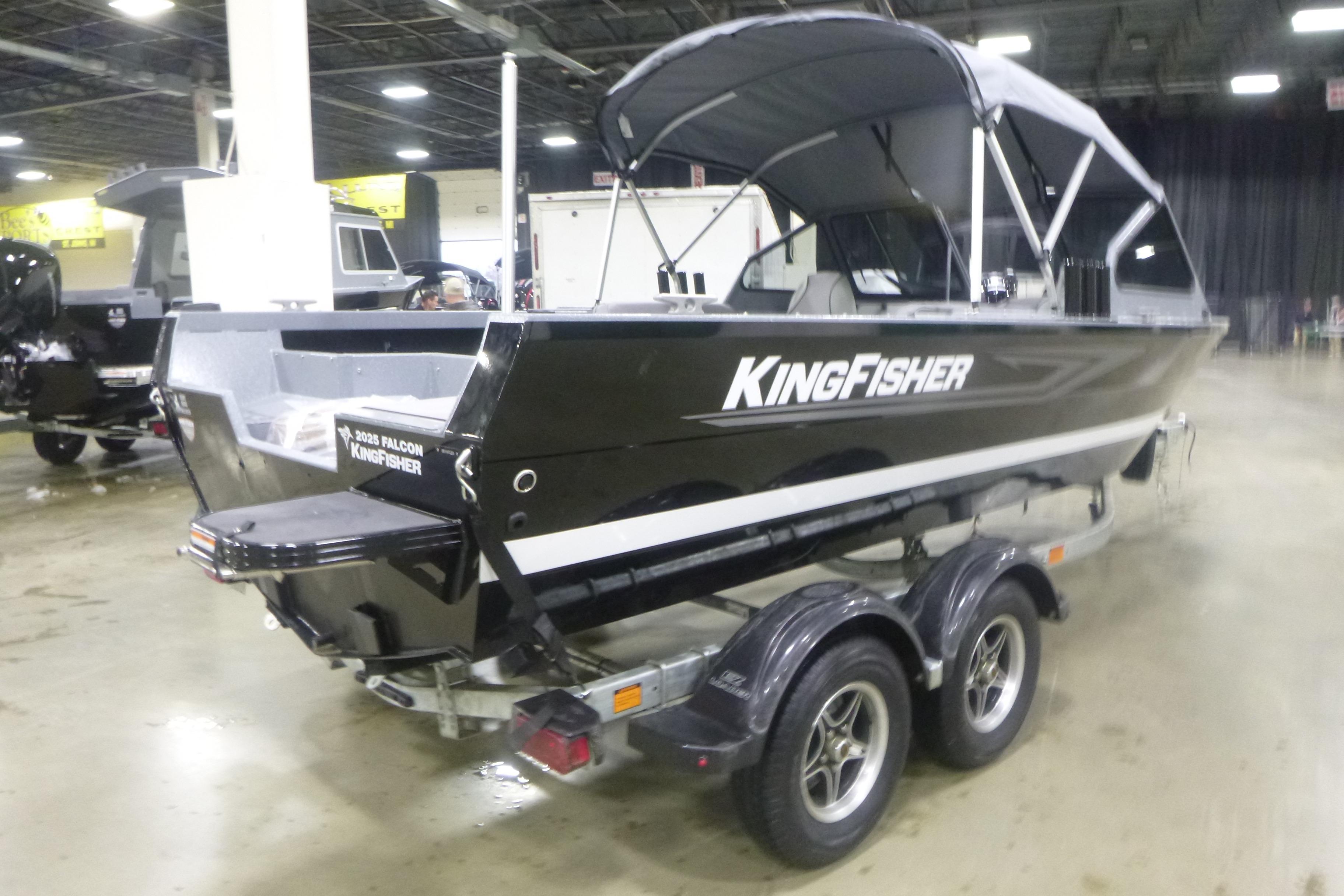 KingFisher 2025 Falcon boat on trailer, showcased indoors, 2026 model.