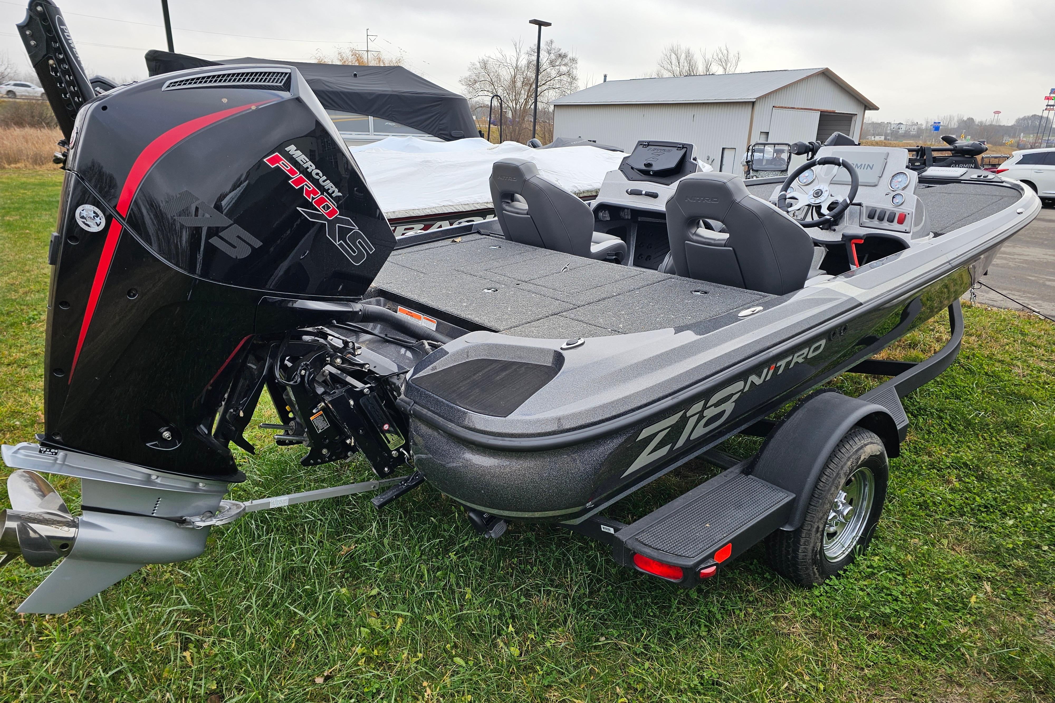 2025 Nitro Z18 Pro fishing boat with Mercury Pro XS engine on trailer.