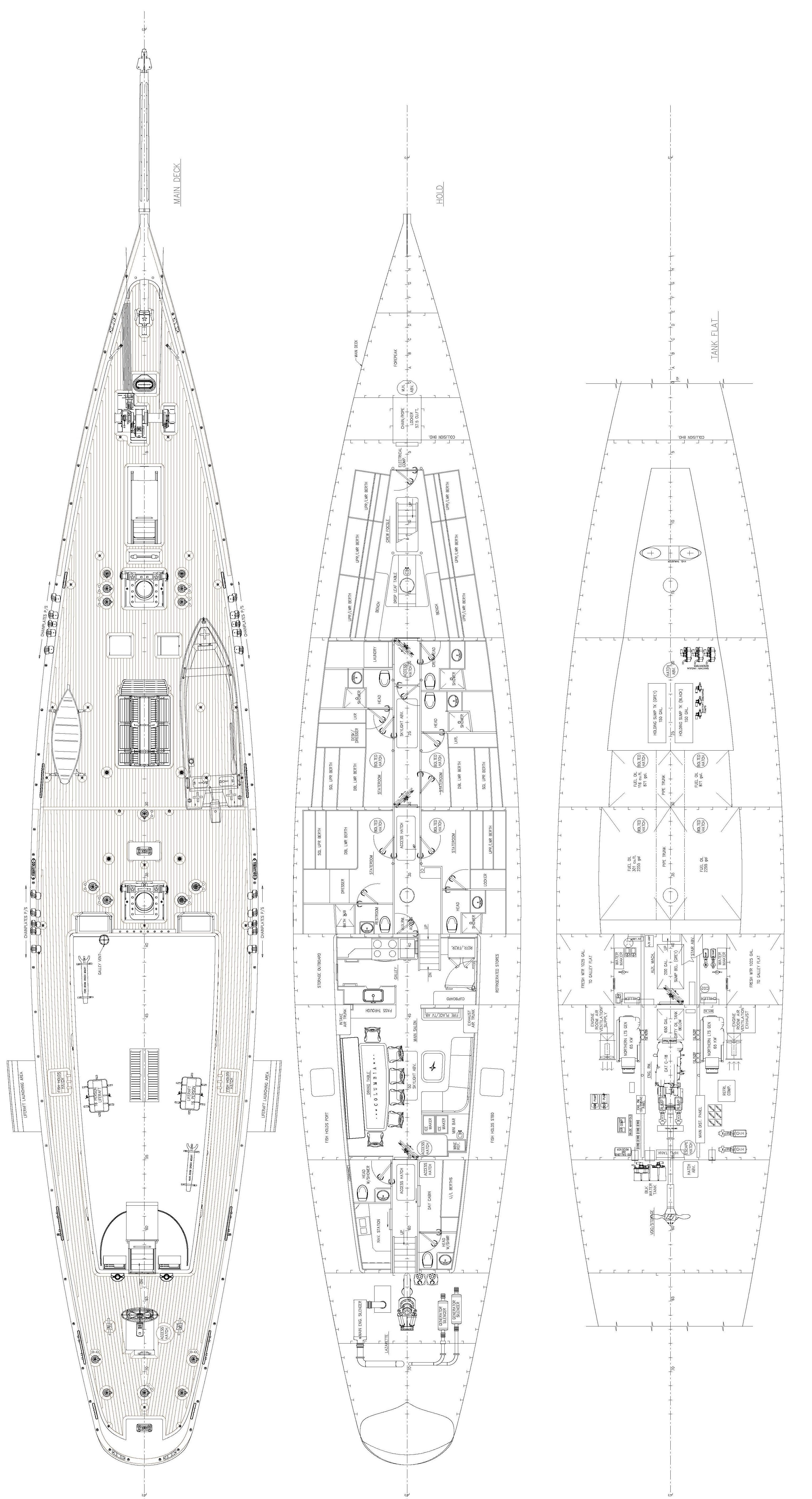 Blueprint of 2014 Custom Eastern Shipbuilding Schooner, showcasing detailed deck and interior layouts.