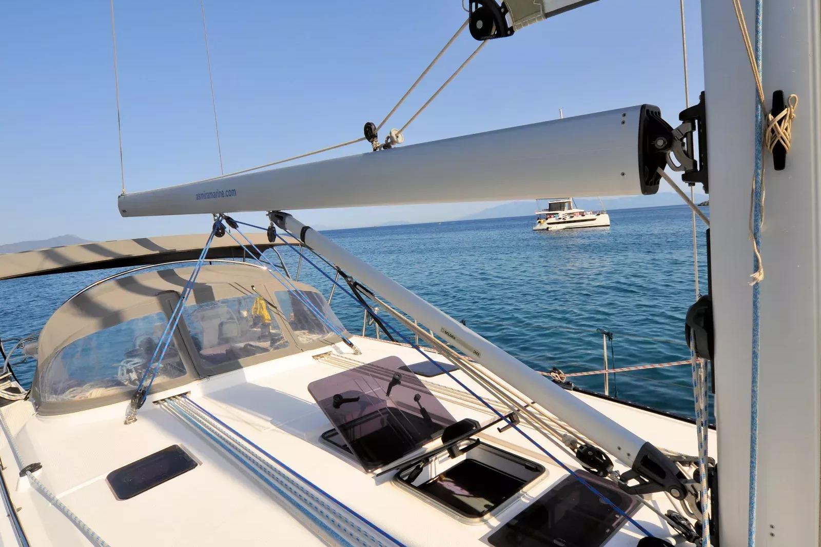 2023 Bavaria Cruiser 46 Style yacht on calm blue sea, sunny day.
