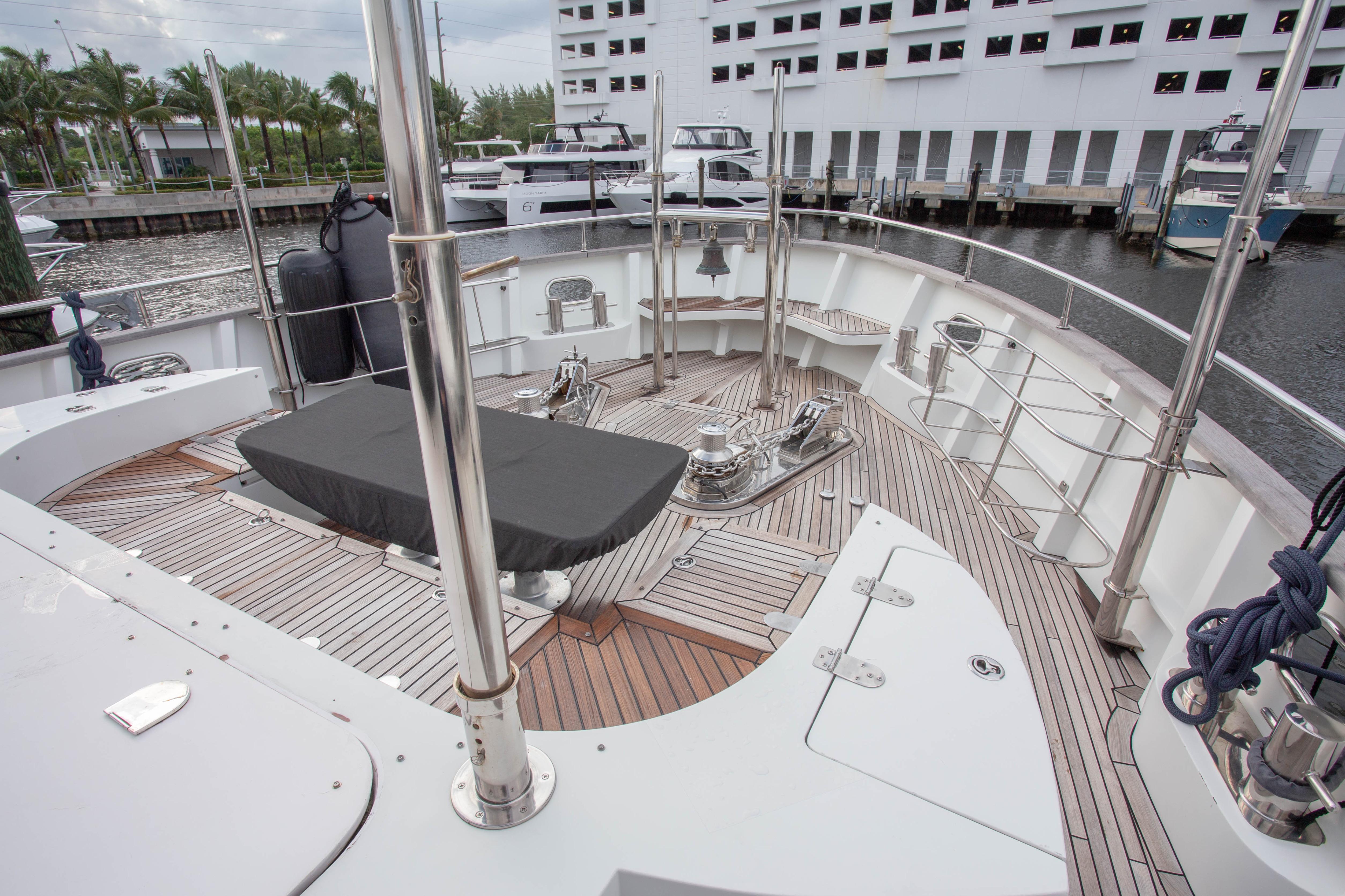 Deck of 2014 Fifth Ocean Yachts 24m Displacement Explorer Yacht, featuring teak flooring and mooring equipment.