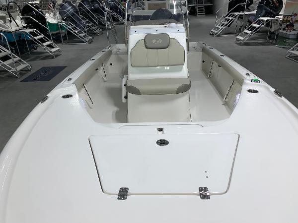 2024 Key West 188 Bay Reef boat interior, white and beige seating, showroom display.