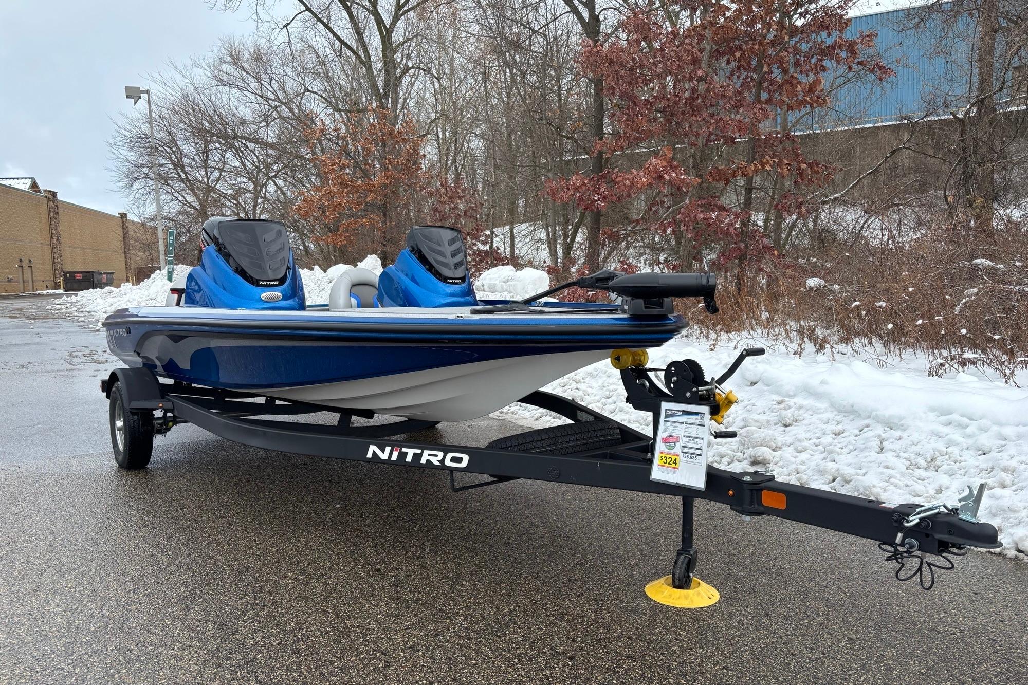 2026 Nitro Z17 boat on trailer in snowy outdoor setting.