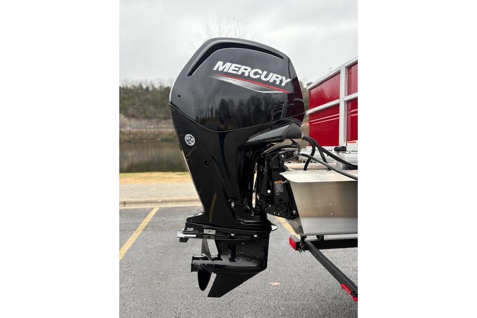 Mercury outboard motor on 2026 Sun Tracker Party Barge 18 DLX pontoon boat.