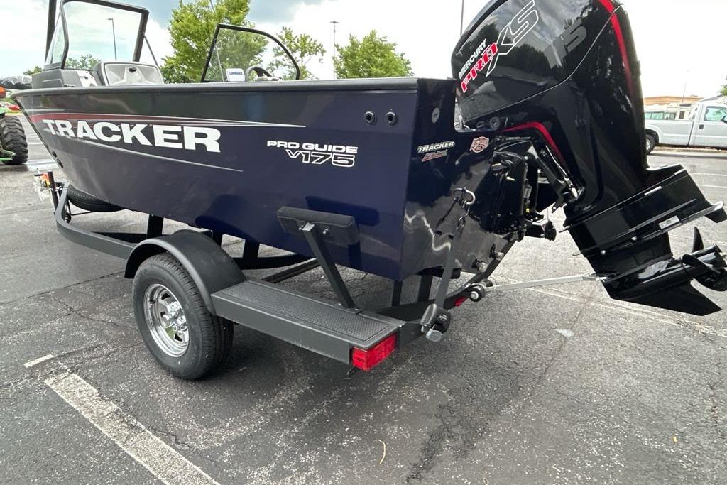 2025 Tracker Pro Guide V-175 WT boat on trailer, featuring Mercury Pro XS outboard motor.