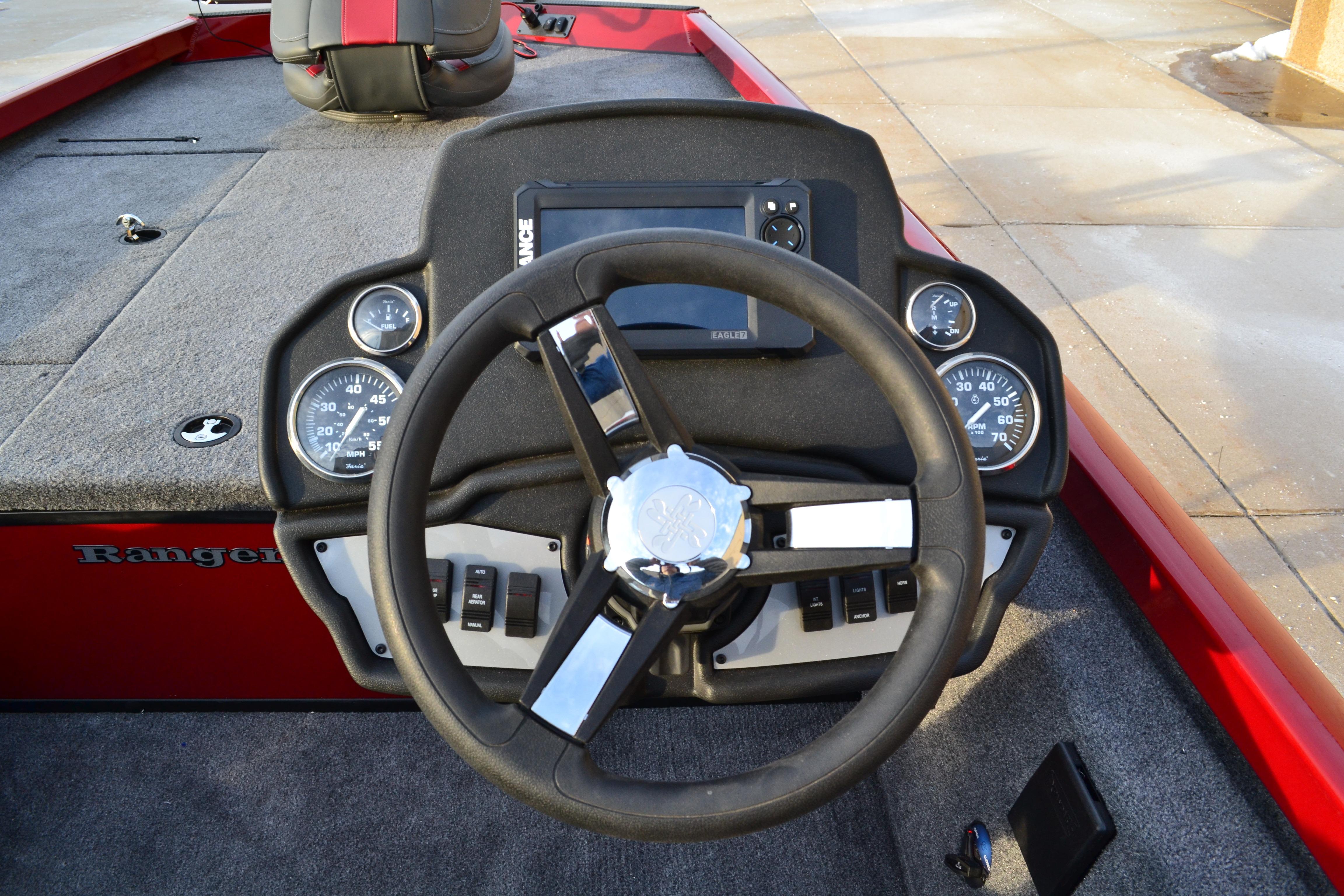 2026 Ranger RT188 boat dashboard with steering wheel and gauges.