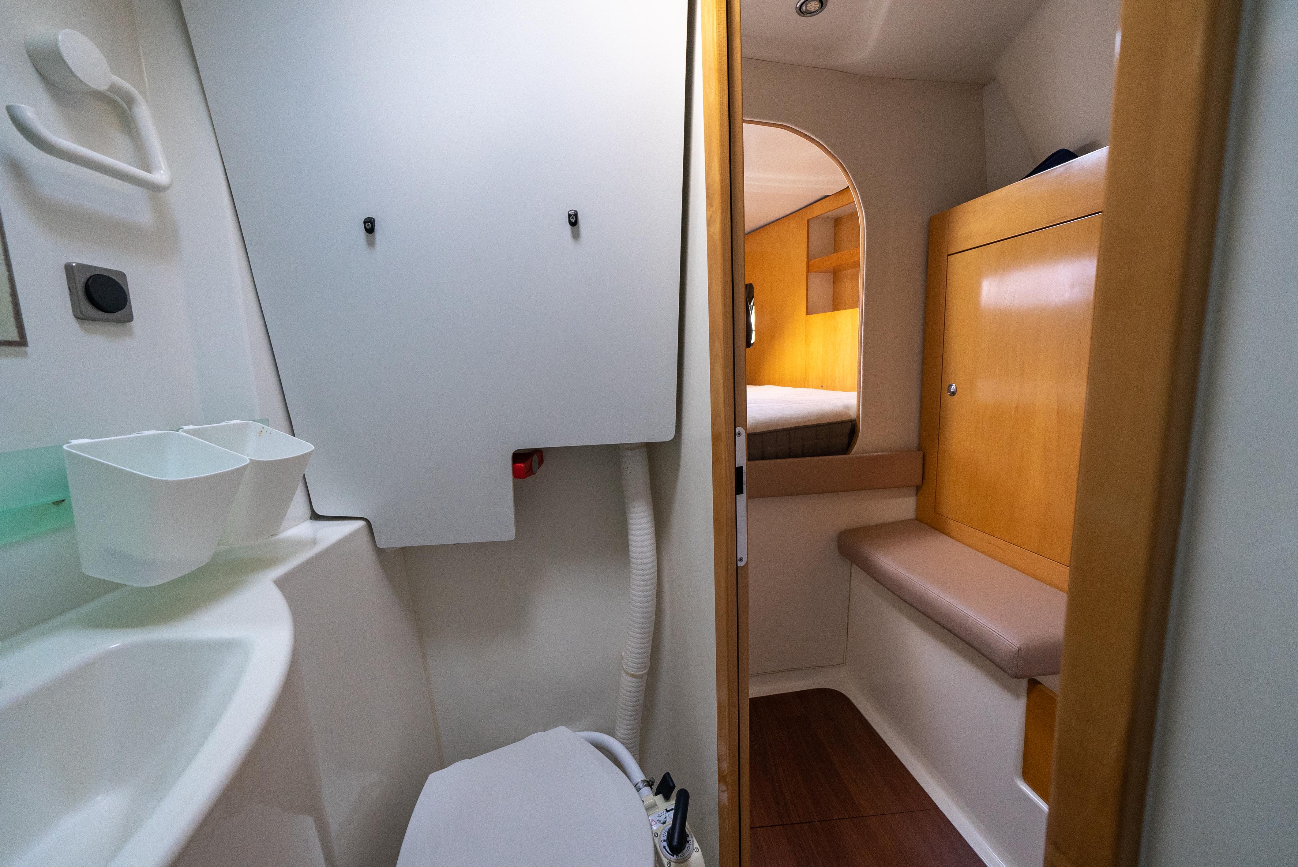 Interior bathroom of 2009 Fountaine Pajot Orana 44 catamaran with modern fixtures.